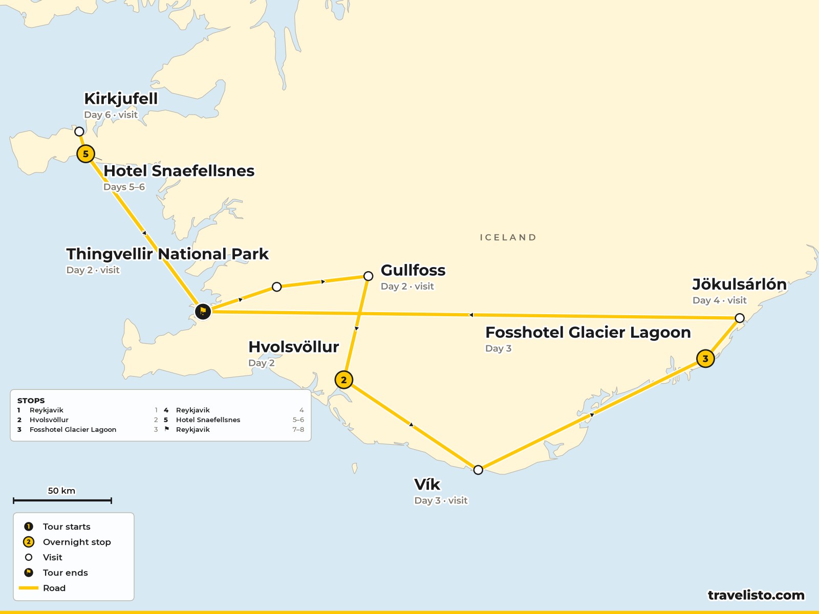 Map of the 8-day winter route from Reykjavik to the south coast and Snæfellsnes