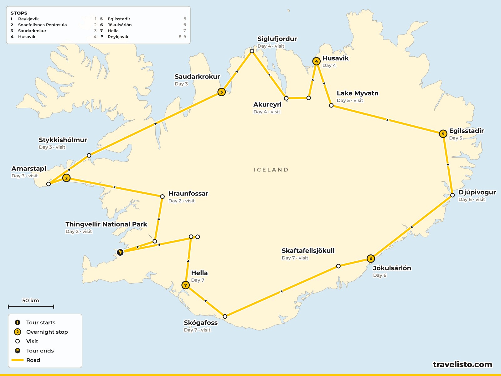 Map of the 9-day Ring Road route from Reykjavik to Snaefellsnes, Husavik, Lake Myvatn, Egilsstadir, Vatnajokull and Hella