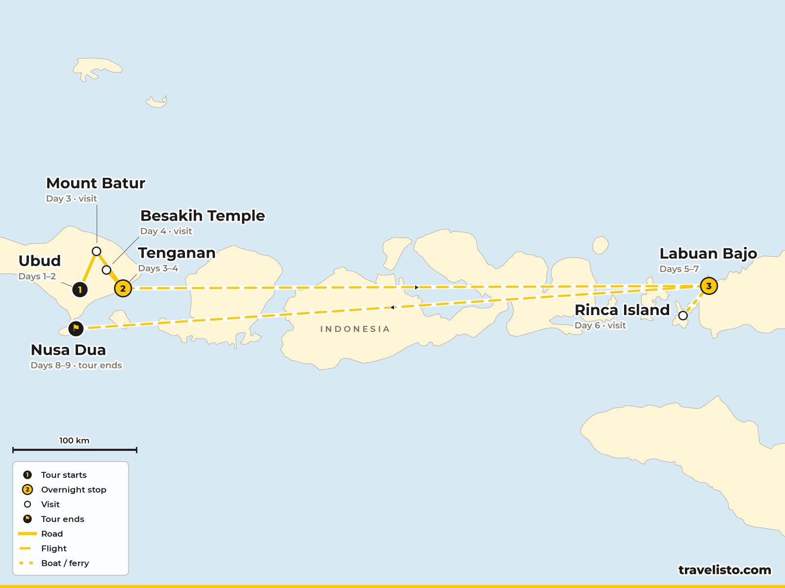 Map of the 9-day route from Ubud to Mount Batur, Candidasa, Labuan Bajo, Komodo National Park and Nusa Dua