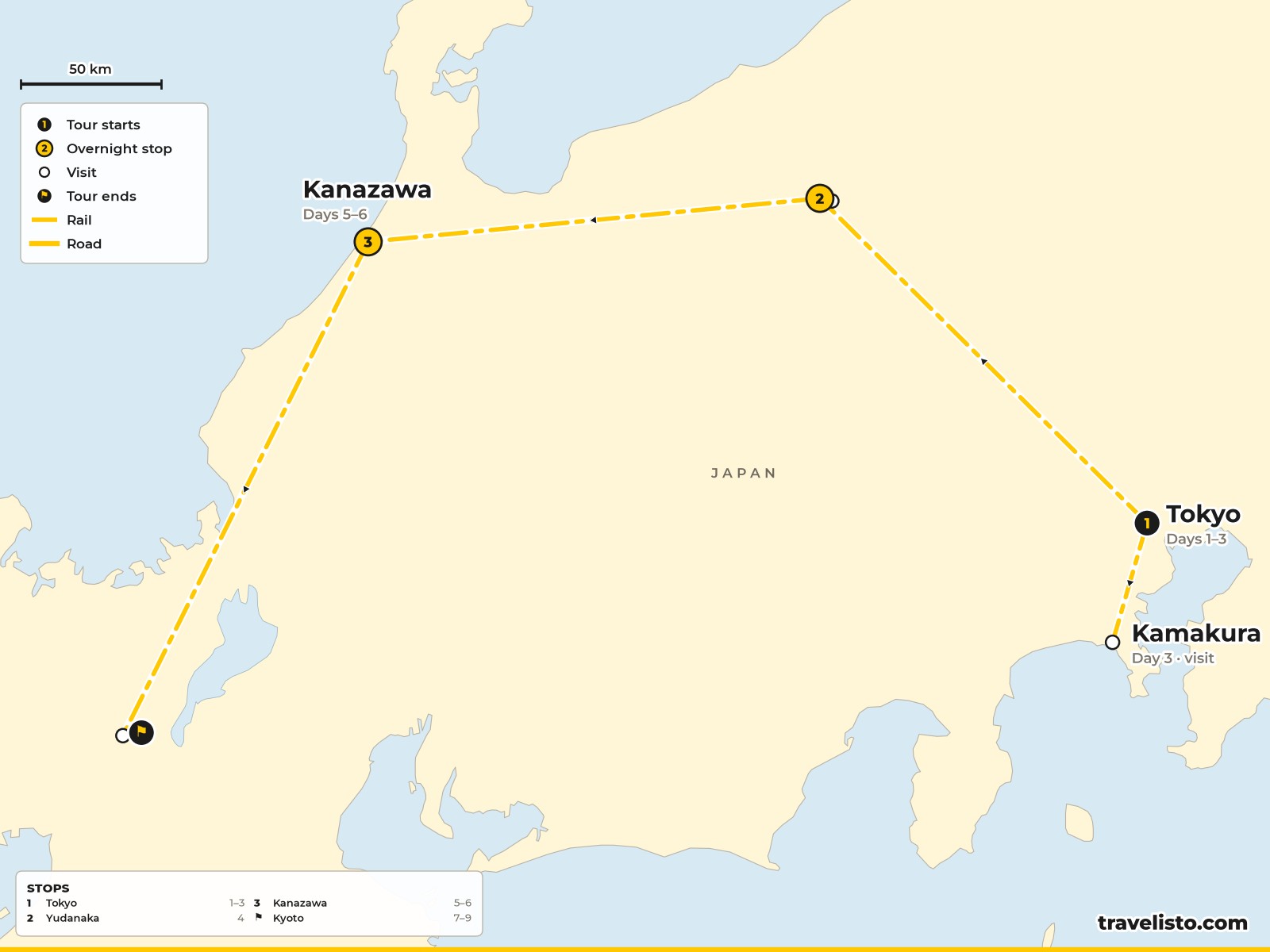 Map of the 9-day route from Tokyo to Kamakura, Yudanaka, Kanazawa and Kyoto