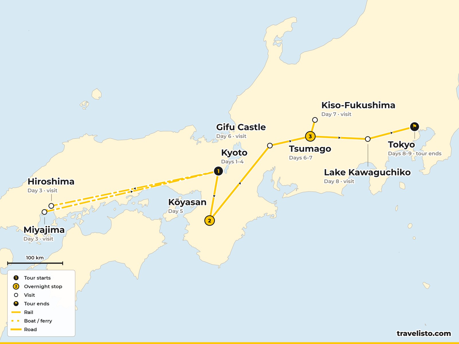 Map of the 9-day tour from Kyoto to Hiroshima, Koyasan, Gifu, the Kiso Valley, Lake Kawaguchiko and Tokyo