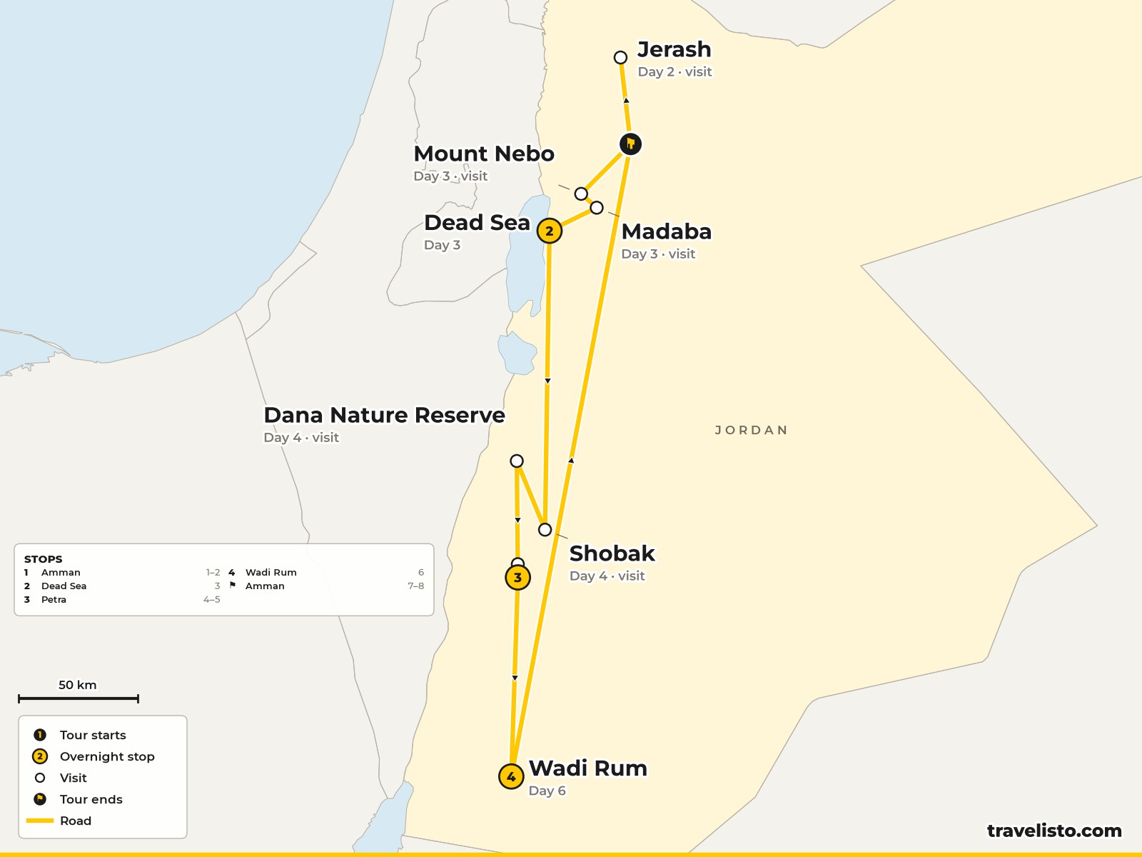 Map of the 8-day route from Amman to the Dead Sea, Petra and Wadi Rum