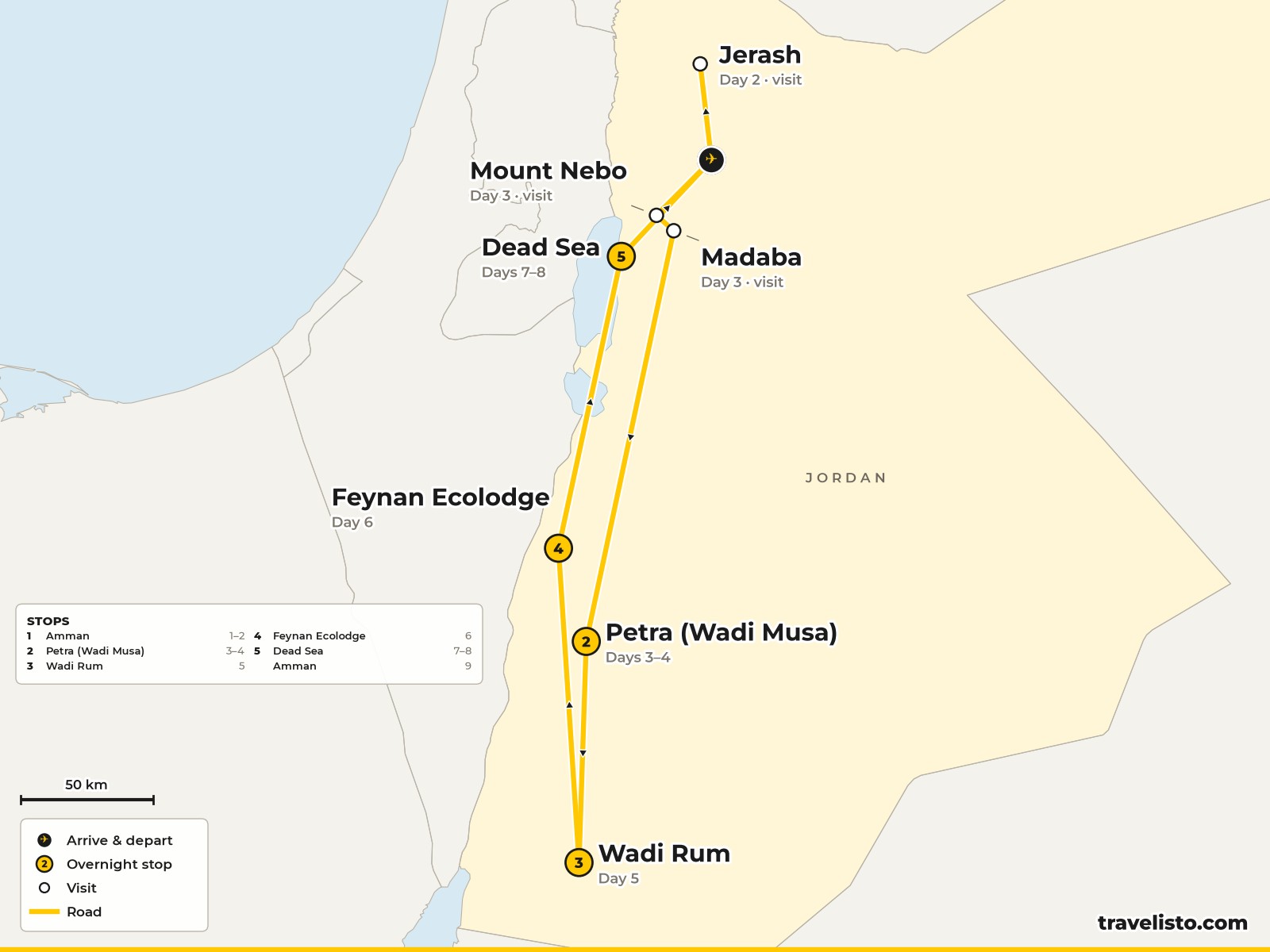 Map of the 9-day tour from Amman to Jerash, Mount Nebo, Petra, Wadi Rum, Feynan and the Dead Sea
