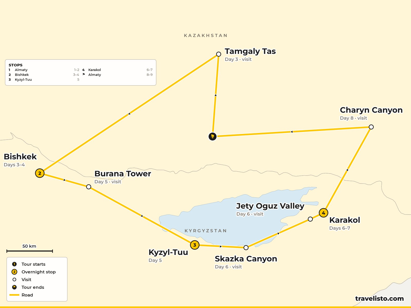 Map of the 9-day loop from Almaty to Tamgaly Tas, Bishkek, Lake Issyk-Kul, Karakol, Charyn Canyon and back to Almaty