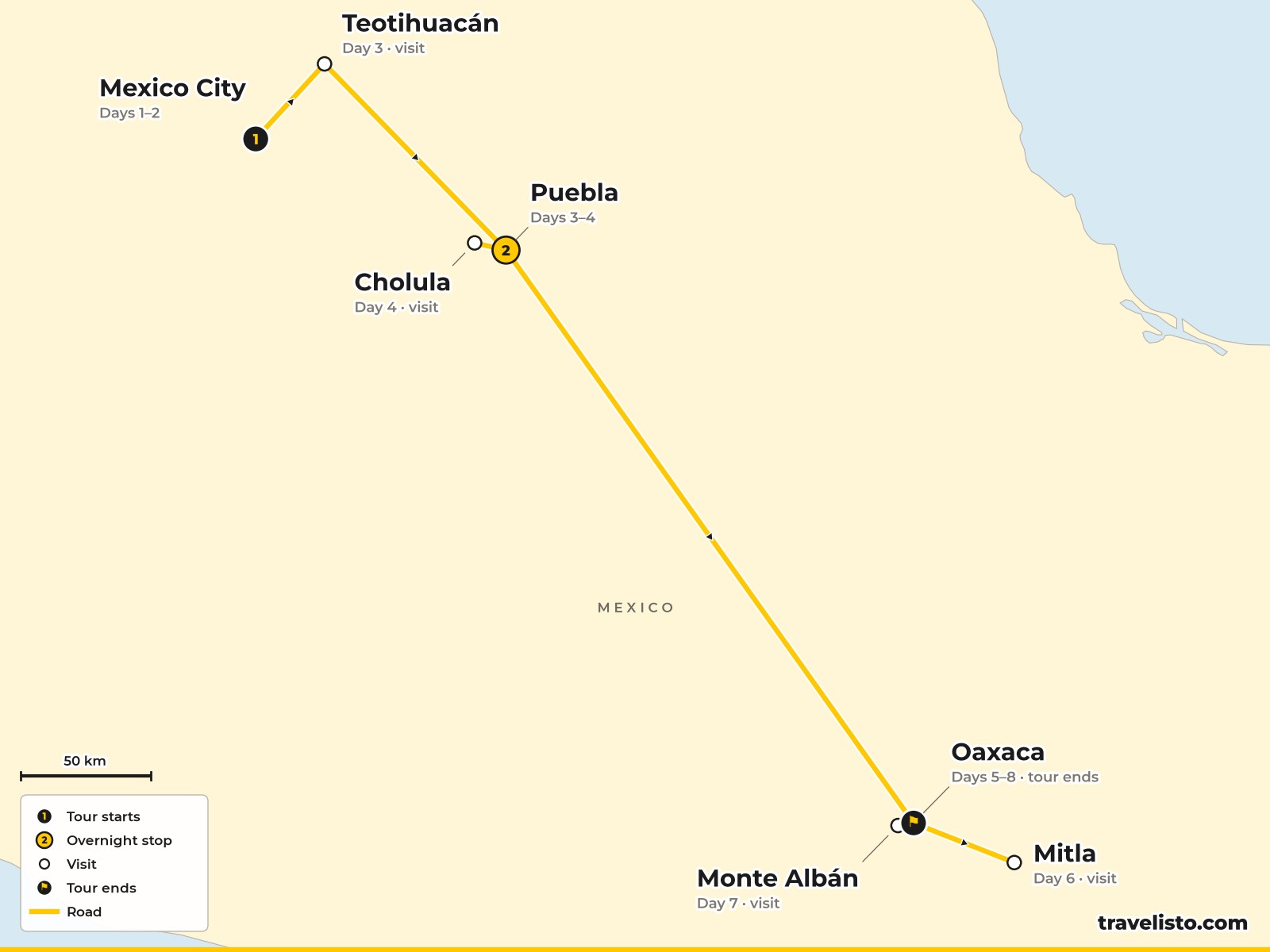 Map of the 8-day tour from Mexico City to Teotihuacán, Puebla, Cholula, Oaxaca and Mitla