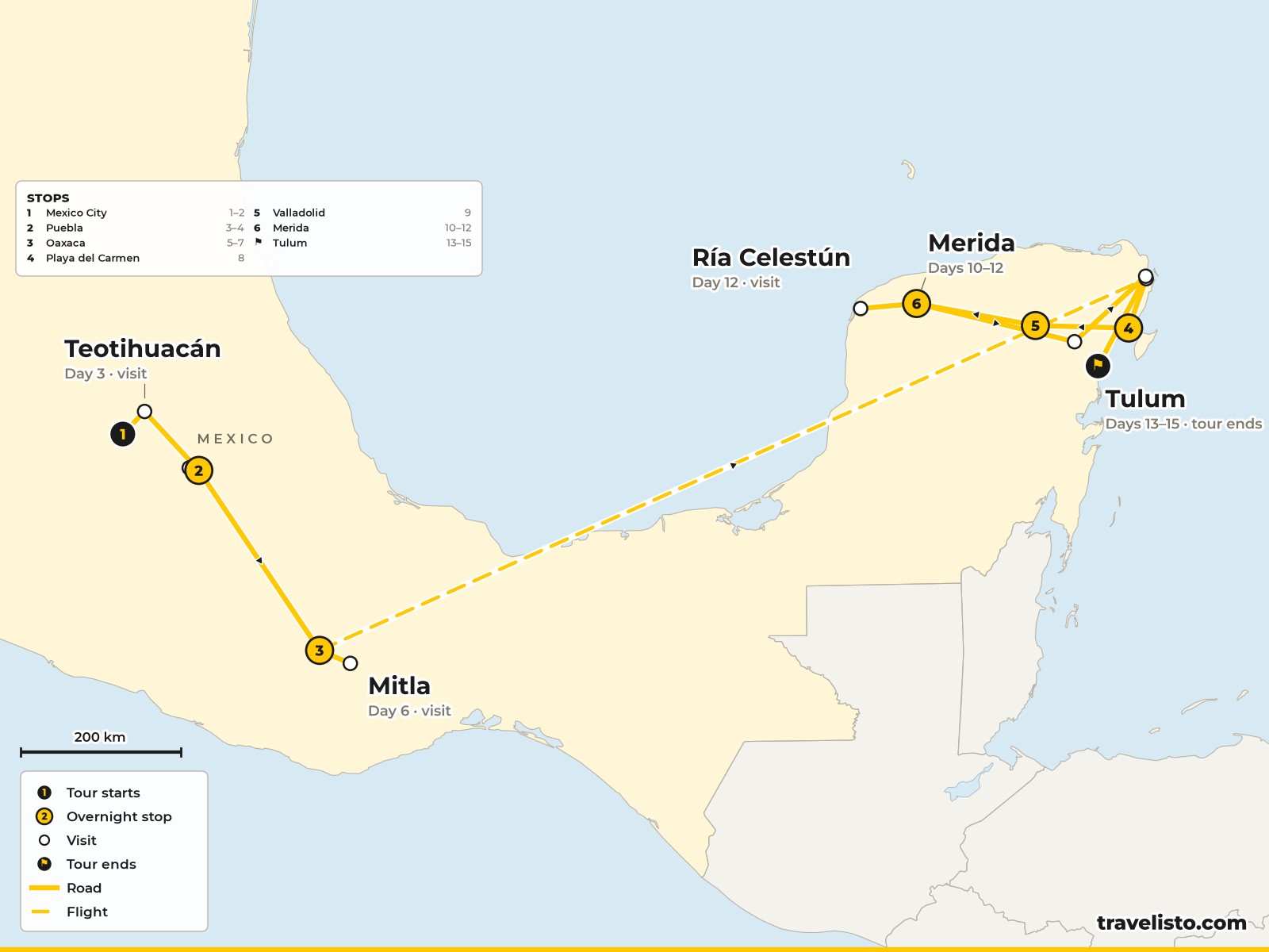 Map of the 15-day route from Mexico City to Puebla and Oaxaca, then Playa del Carmen, Valladolid, Mérida and Tulum