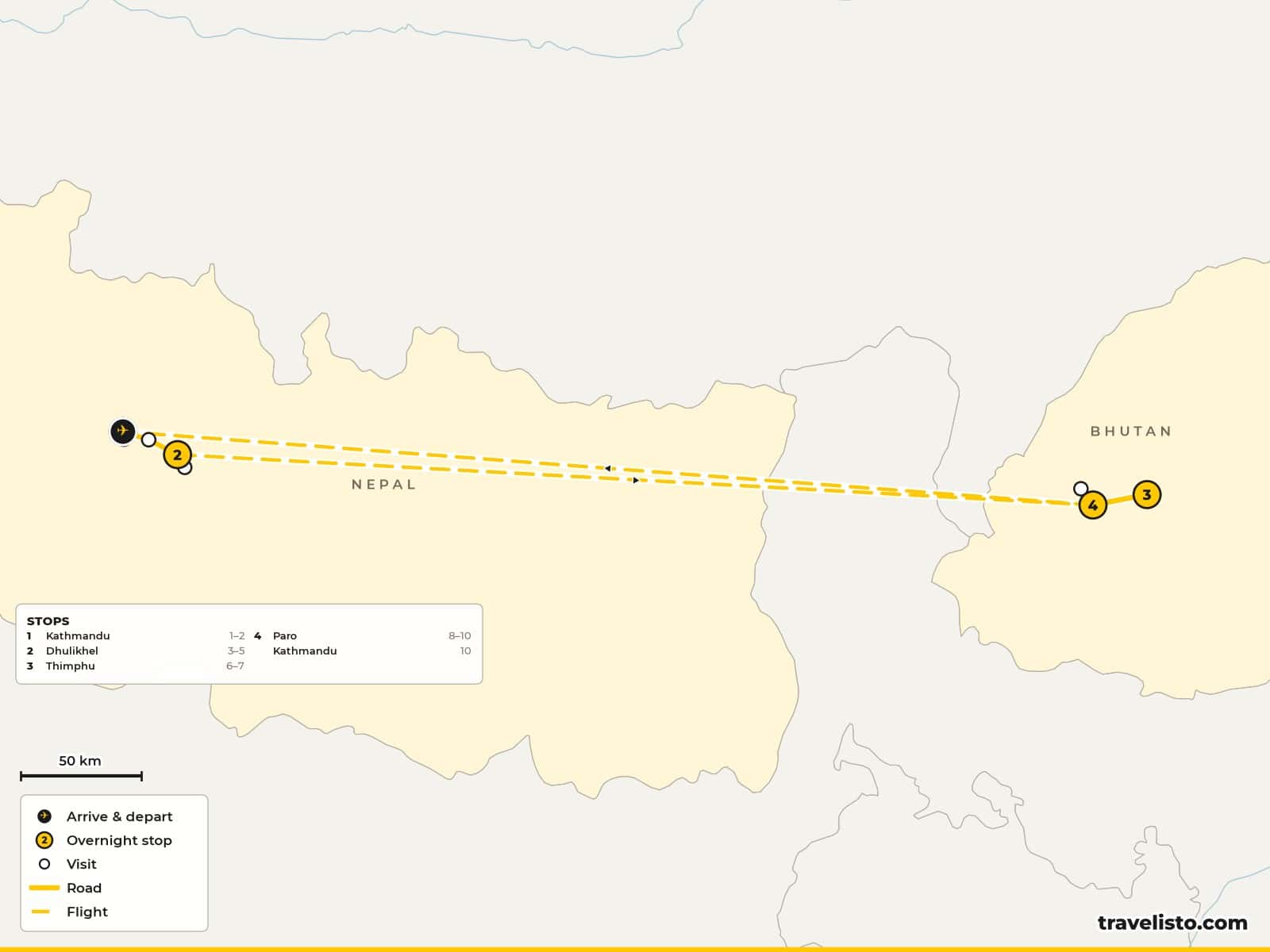 Map of the 10-day route from Kathmandu to Bhaktapur and Dhulikhel, then by air to Paro, Thimphu and the Tiger's Nest