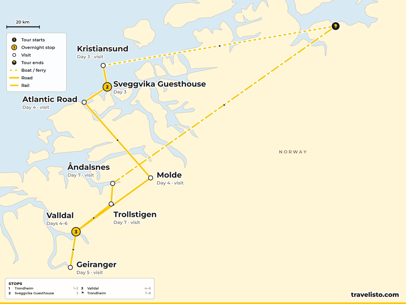 Map of the 8-day route from Trondheim along the coast to Kristiansund, Valldal and the Geirangerfjord and back