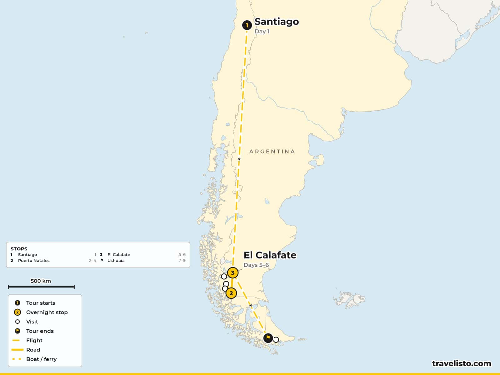 Map of the 9-day tour from Santiago to Puerto Natales and Torres del Paine, El Calafate and Ushuaia