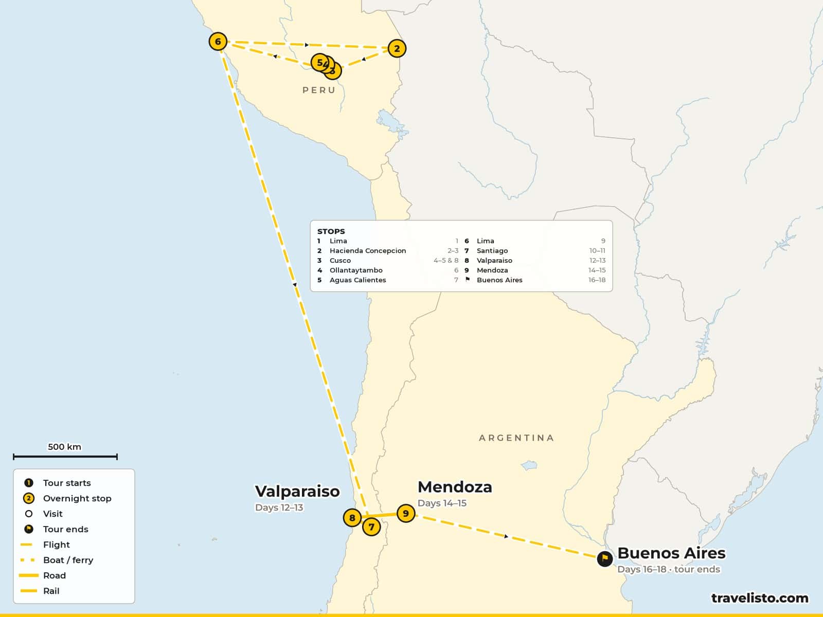 Map of the 18-day tour from Lima to the Amazon, Cusco and Machu Picchu, then Santiago, Valparaíso, Mendoza and Buenos Aires