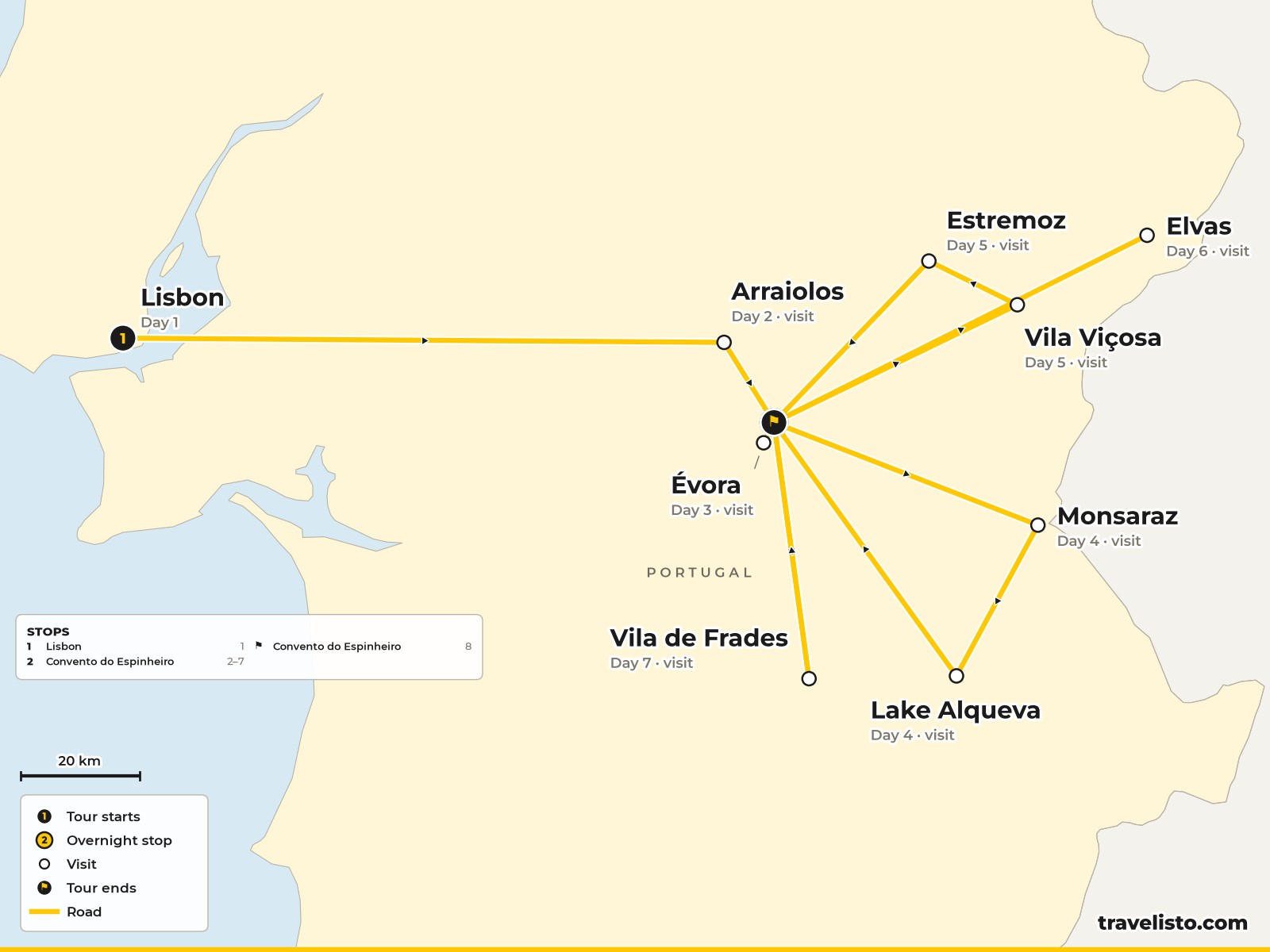 Map of the 8-day route from Lisbon to Evora and around the Alentejo