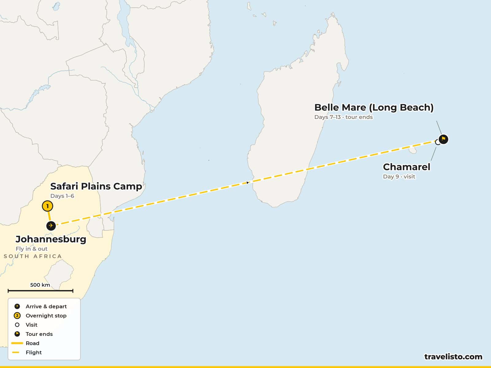 Map of the 15-day holiday flying to Johannesburg, driving to the Mabula Game Reserve, then flying to Mauritius for a stay at Belle Mare