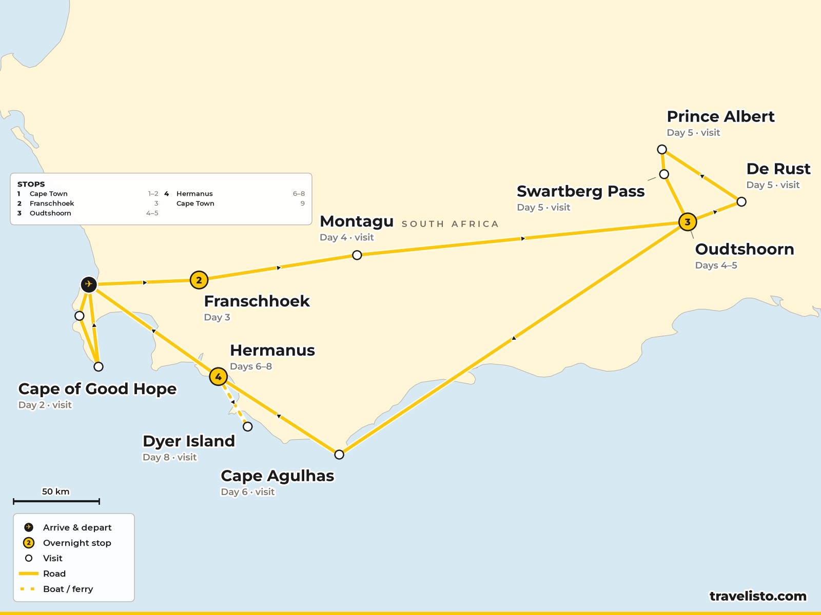 Map of the 9-day route from Cape Town to Franschhoek, Oudtshoorn, Cape Agulhas and Hermanus
