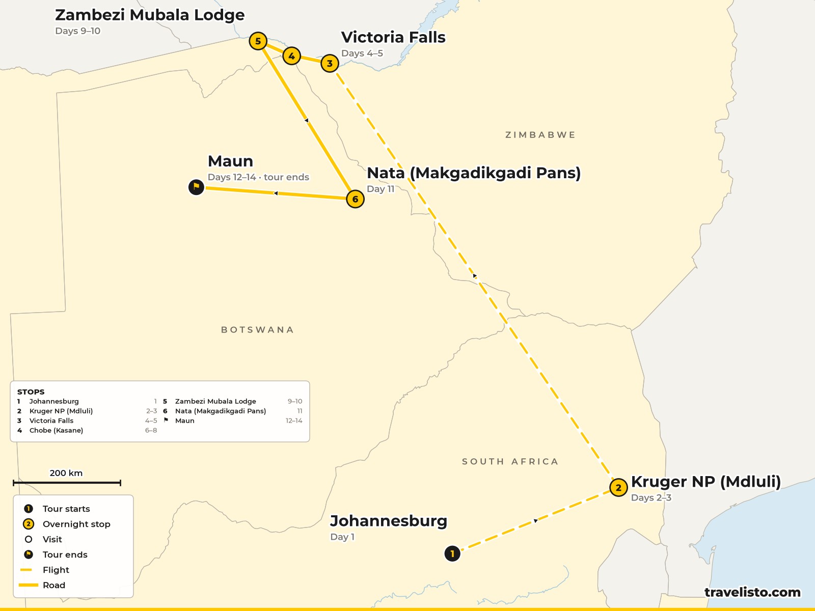 Map of the 14-day safari from Johannesburg to Kruger, then by air to Victoria Falls, Chobe, the Zambezi region, the Makgadikgadi Pans and Maun