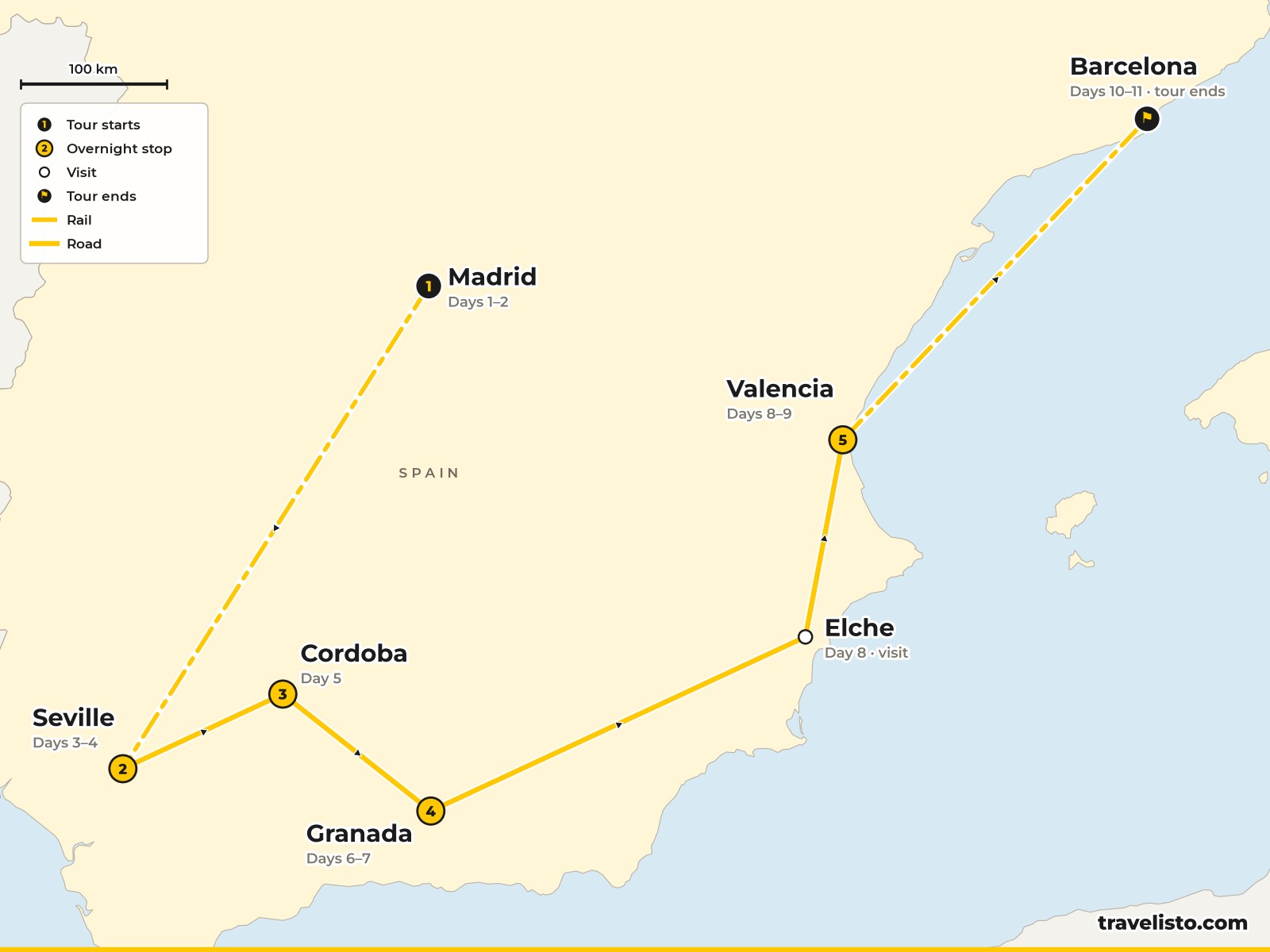 Map of the 11-day route from Madrid to Seville, Cordoba, Granada, Valencia and Barcelona