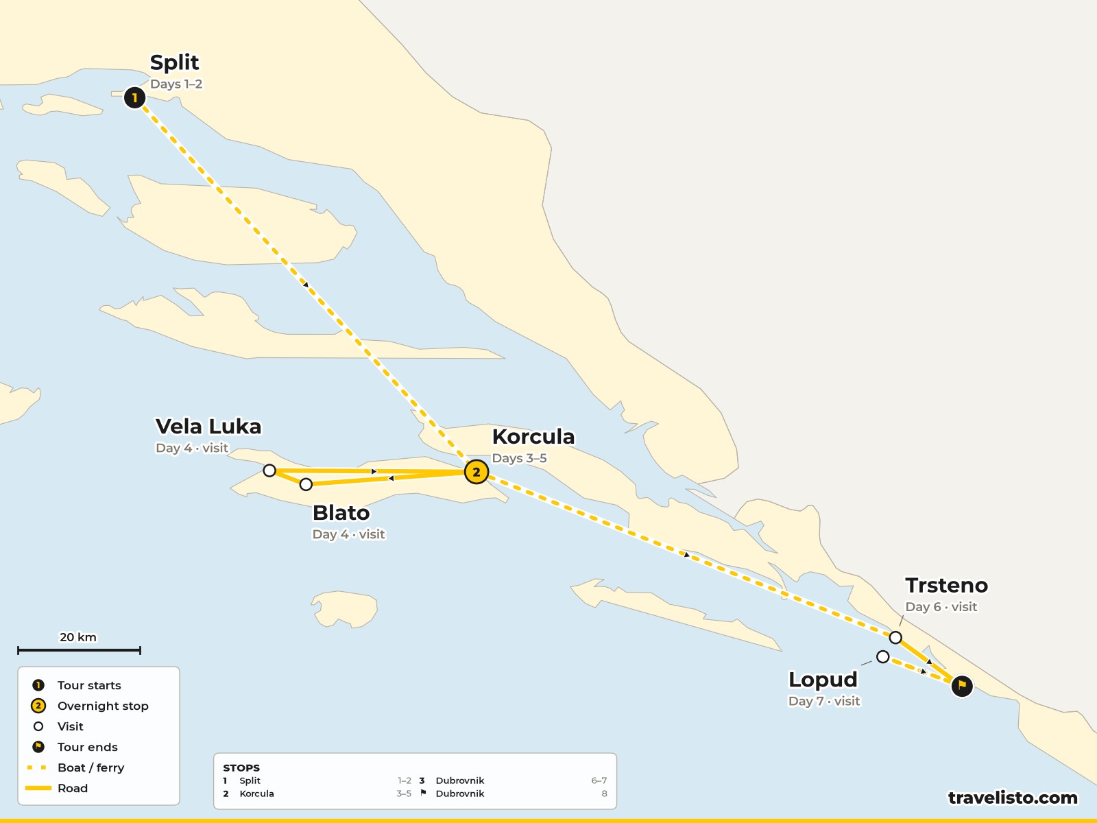 Map of the 8-day route from Split by ferry to Korcula and on to Dubrovnik