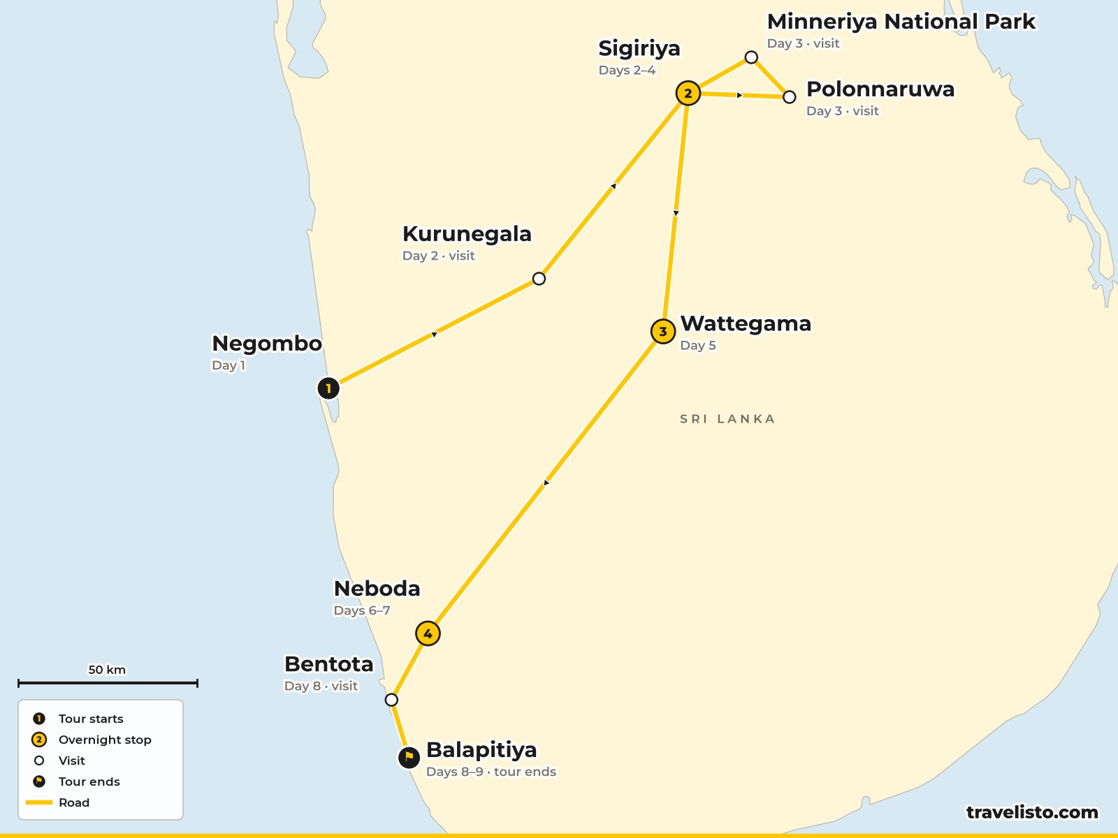 Map of the 9-day route from Negombo to the Cultural Triangle, the central highlands, tea country and the Bentota coast