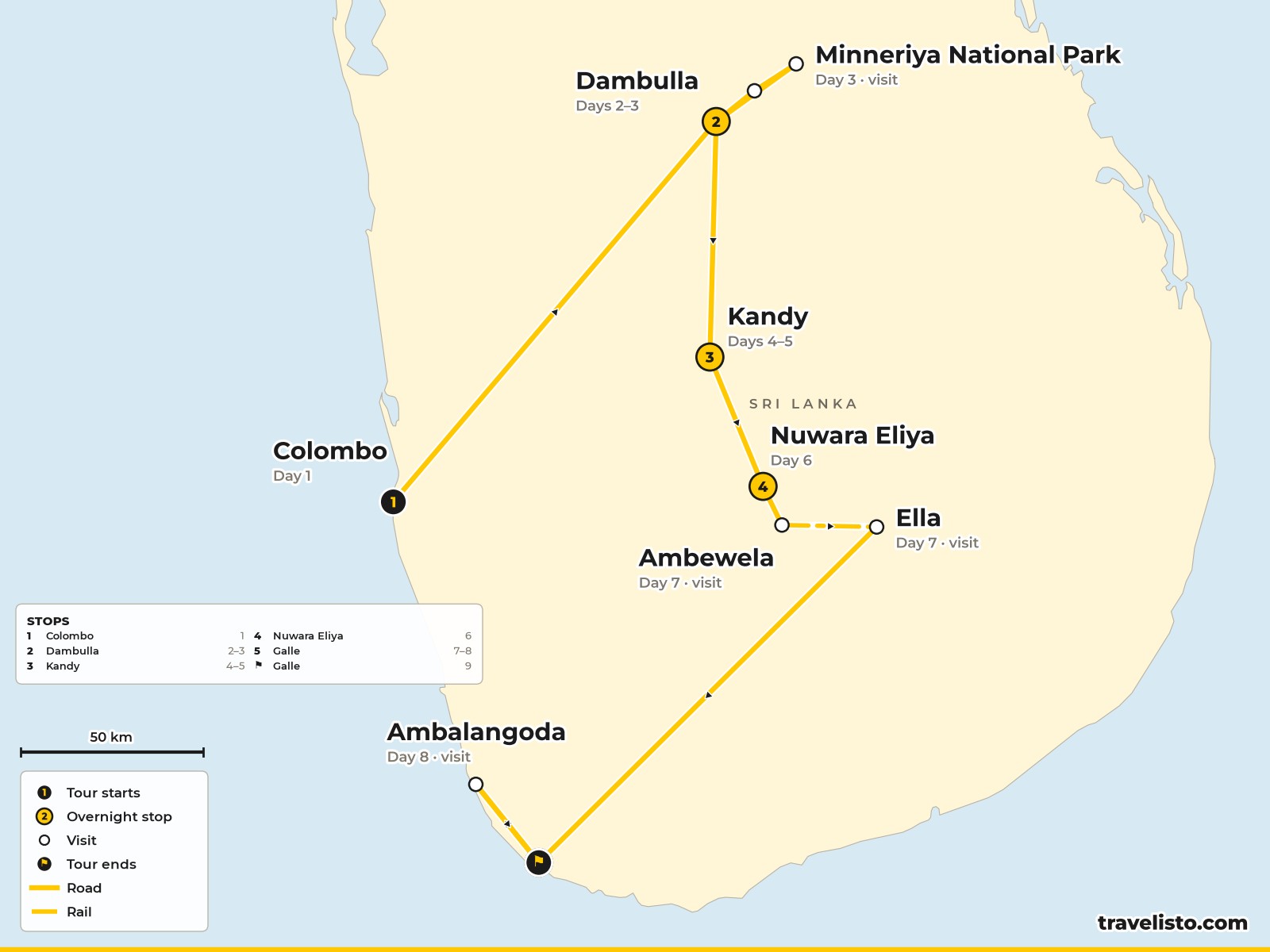 Map of the 9-day family route from Colombo to Dambulla, Kandy, Nuwara Eliya and Galle
