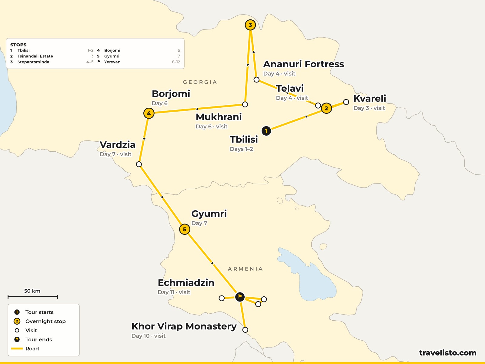 Map of the 12-day route from Tbilisi through Georgia to Gyumri and Yerevan