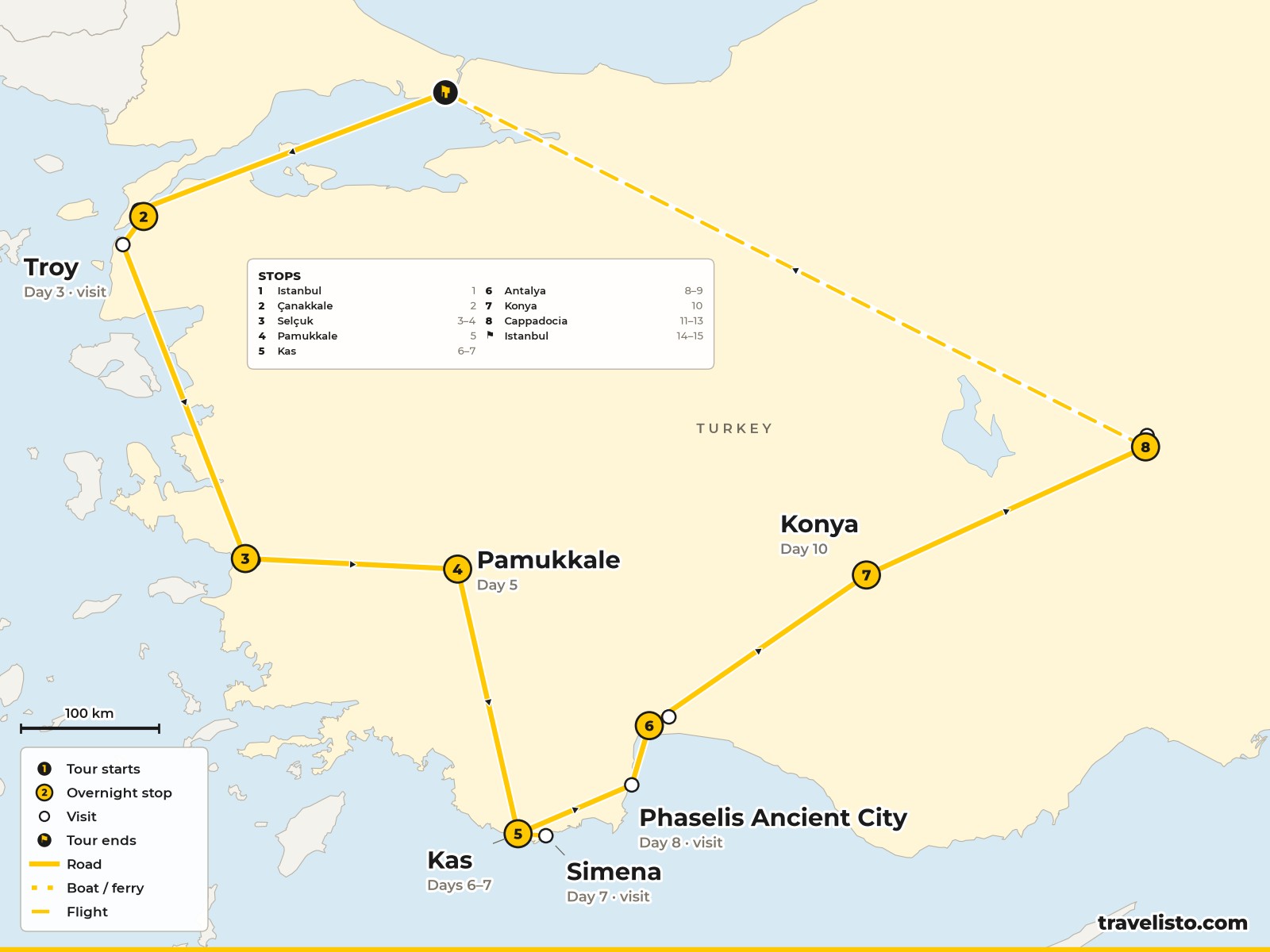 Map of the 15-day route from Istanbul around western and southern Turkey to Cappadocia