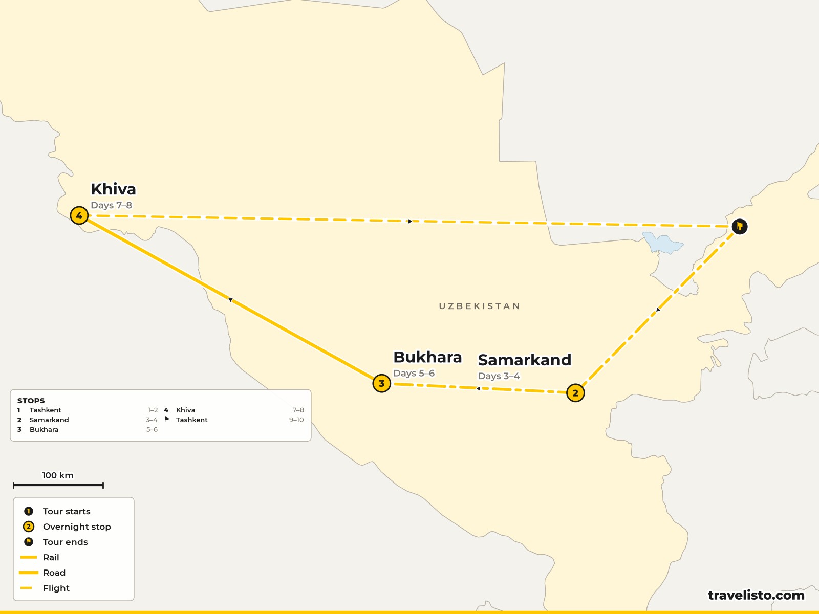 Map of the 10-day route from Tashkent to Samarkand, Bukhara, Khiva and back