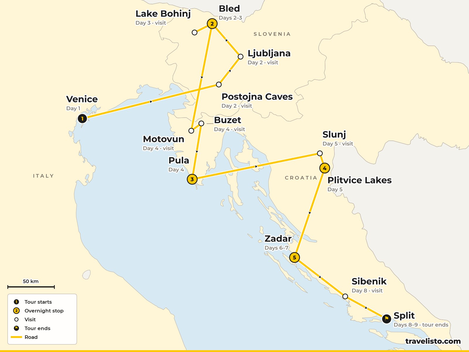 Map of the 9-day route from Venice through Slovenia and Istria to Plitvice, Zadar and Split