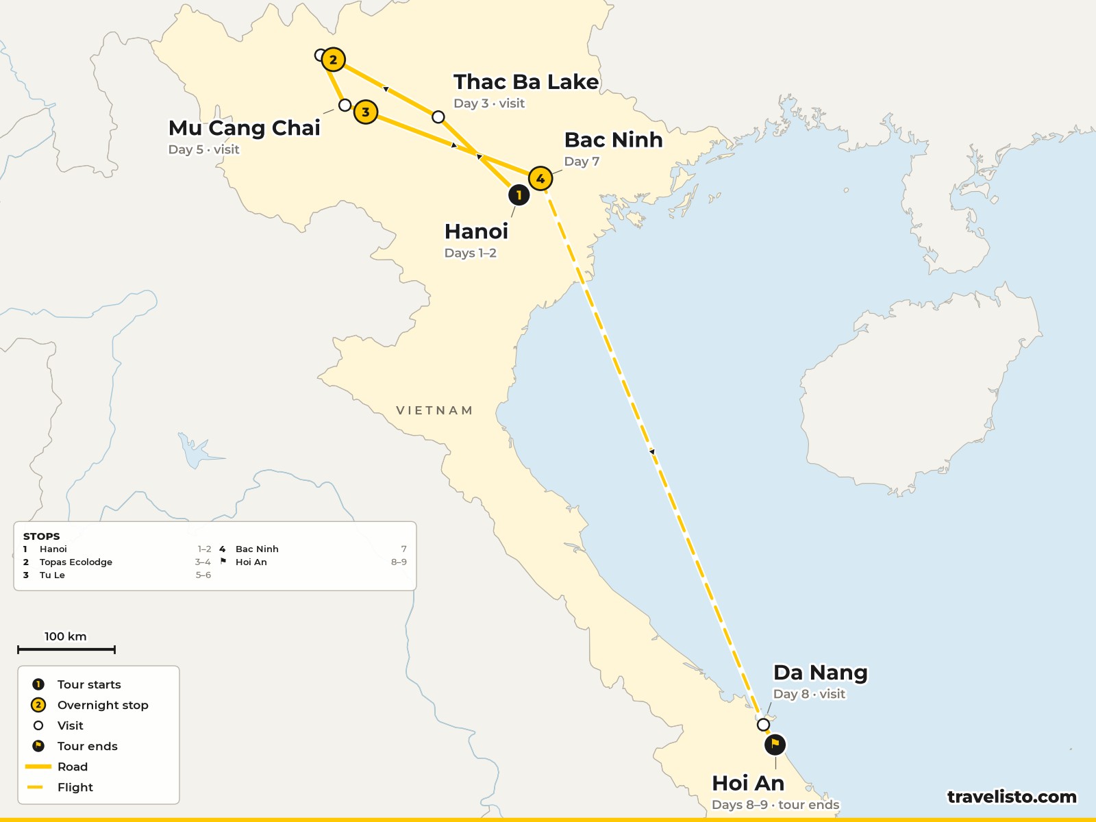 Map of the 9-day route from Hanoi to the northern highlands, Tu Le and the Red River Delta, then Hoi An