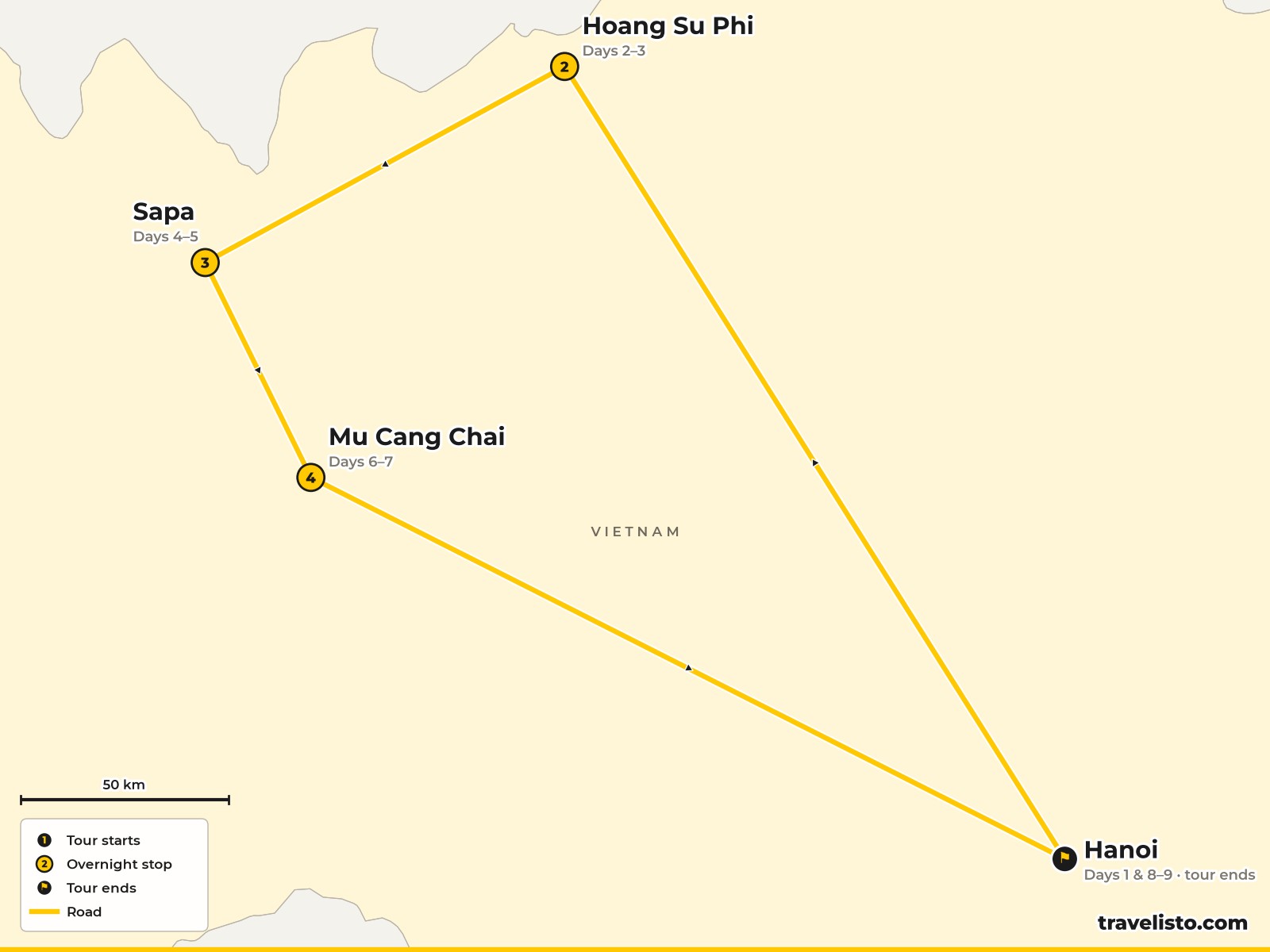 Map of the 9-day walking route from Hanoi to Hoang Su Phi, Sapa and Mu Cang Chai