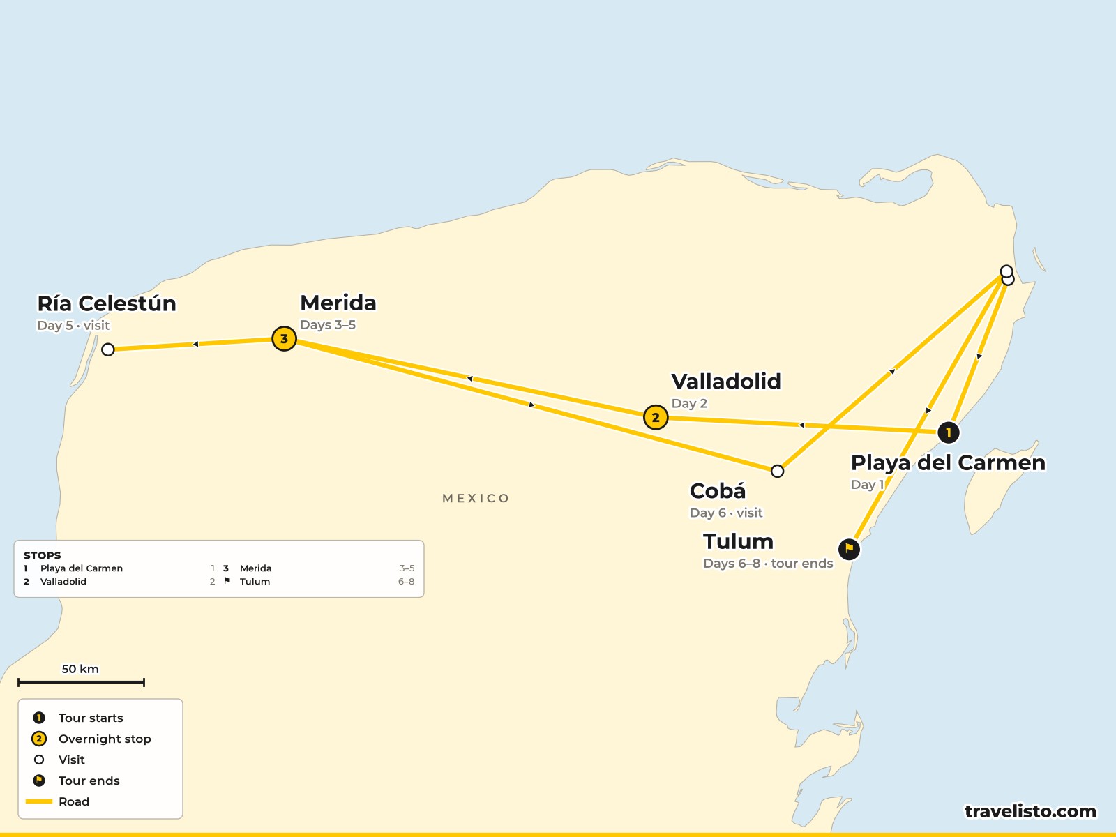 Map of the 8-day tour from Playa del Carmen to Valladolid, Chichén Itzá, Mérida, Celestún, Cobá and Tulum