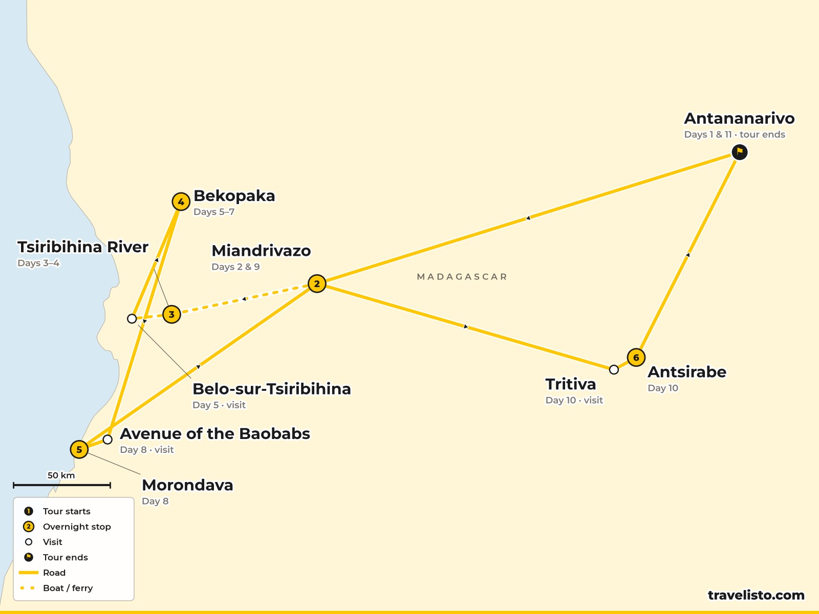 Map of the 11-day route from Antananarivo to the Tsiribihina River, Bekopaka and Morondava