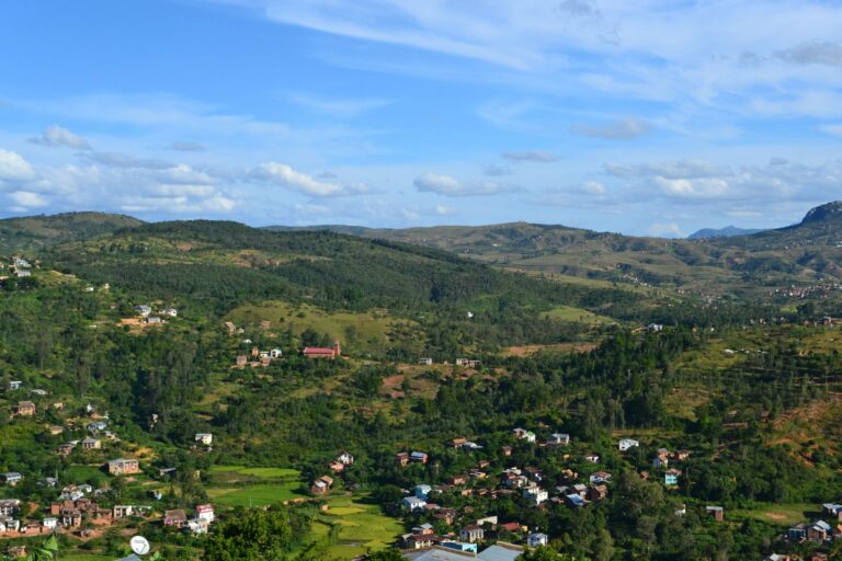 Green hills and villages in the highlands of Madagascar