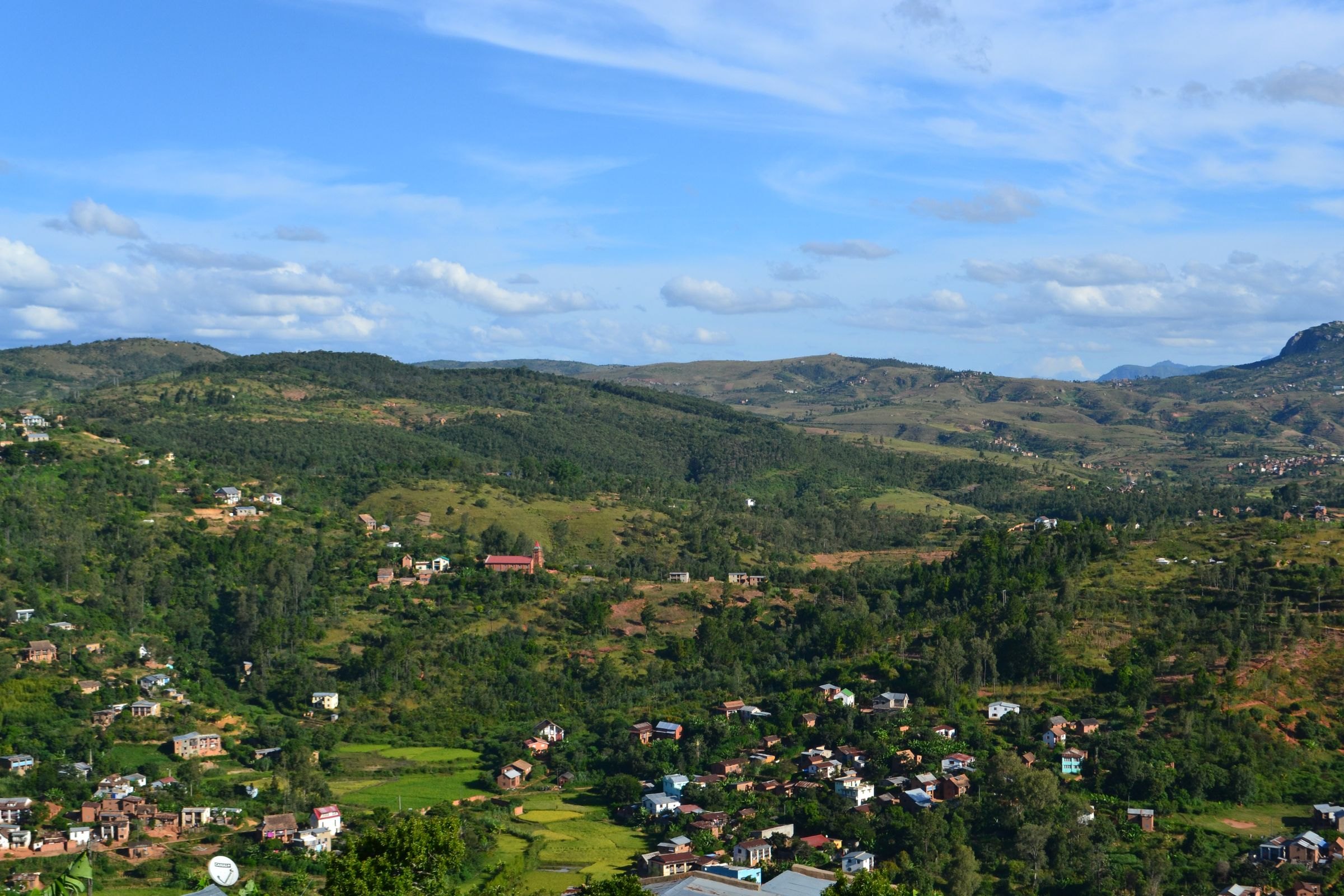 Green hills and villages in the highlands of Madagascar