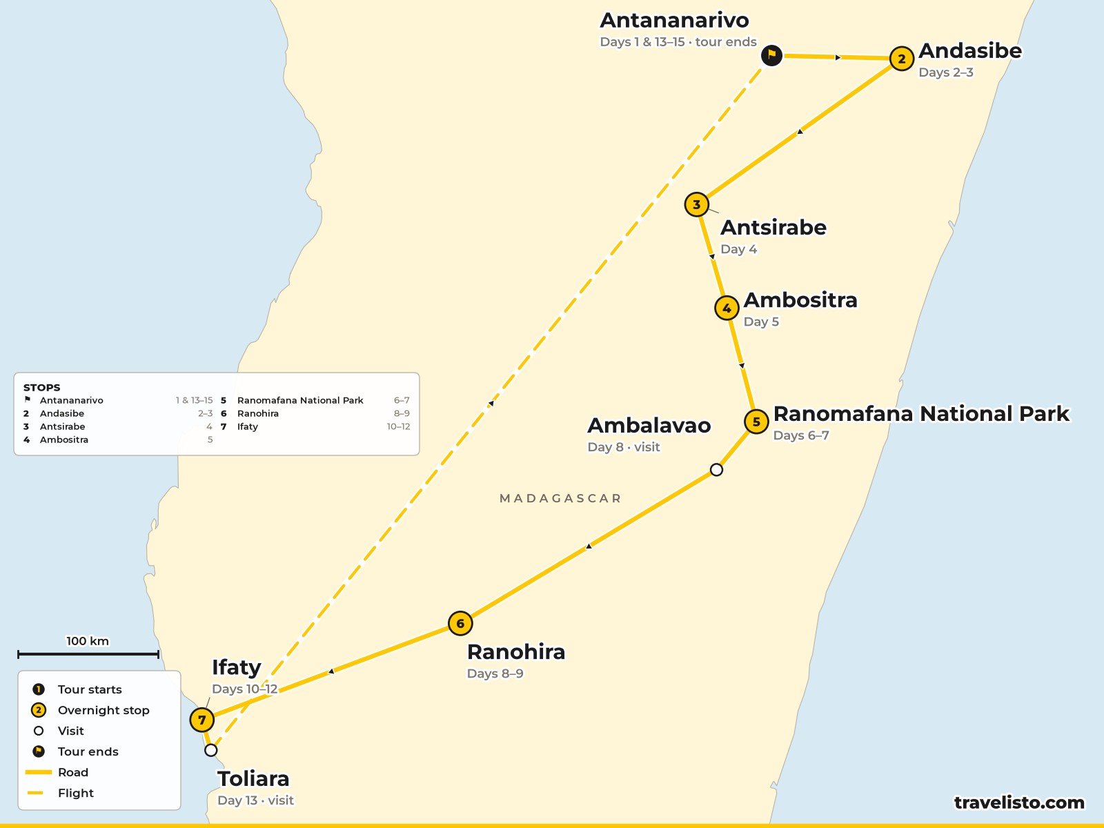 Map of the 15-day route from Antananarivo to Andasibe, Ranomafana, Isalo and Ifaty