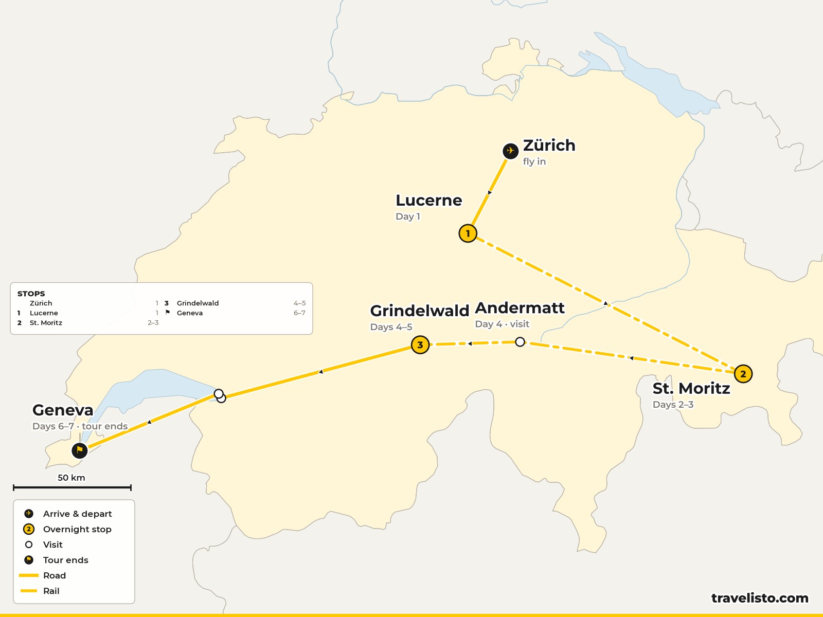 Map of the 7-day route from Zurich to Lucerne, St Moritz, Grindelwald and Geneva