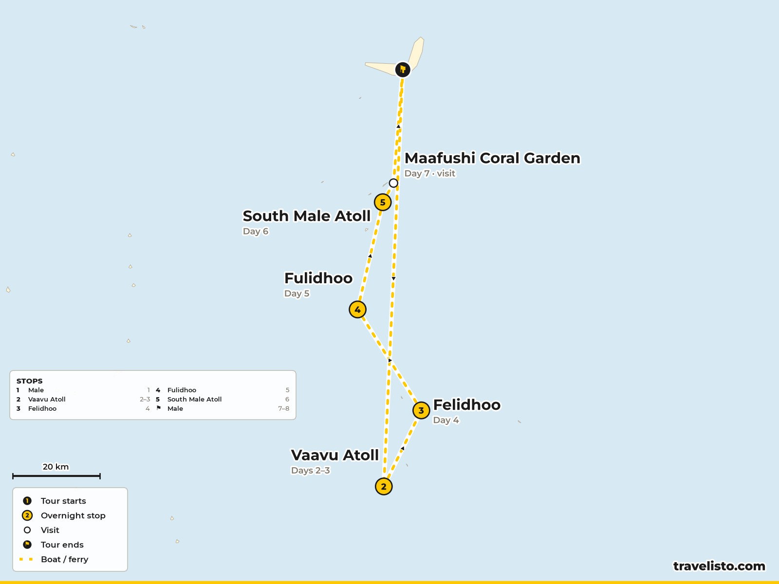 Map of the 8-day dhoni cruise from Malé through the Vaavu and Meemu atolls