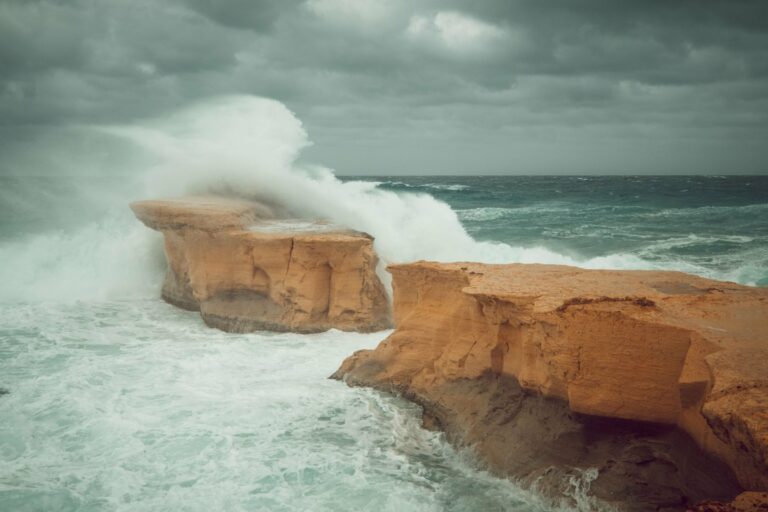 Waves breaking on Malta's limestone coast