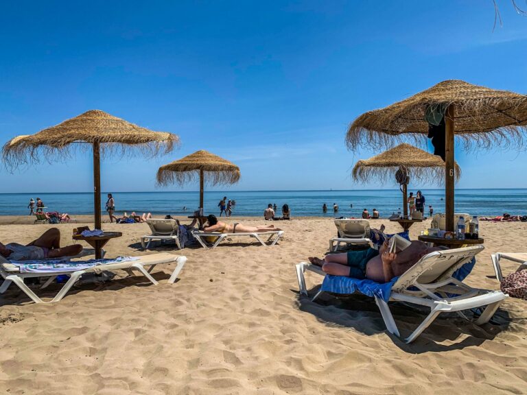 Sun loungers on the beach at Marbella