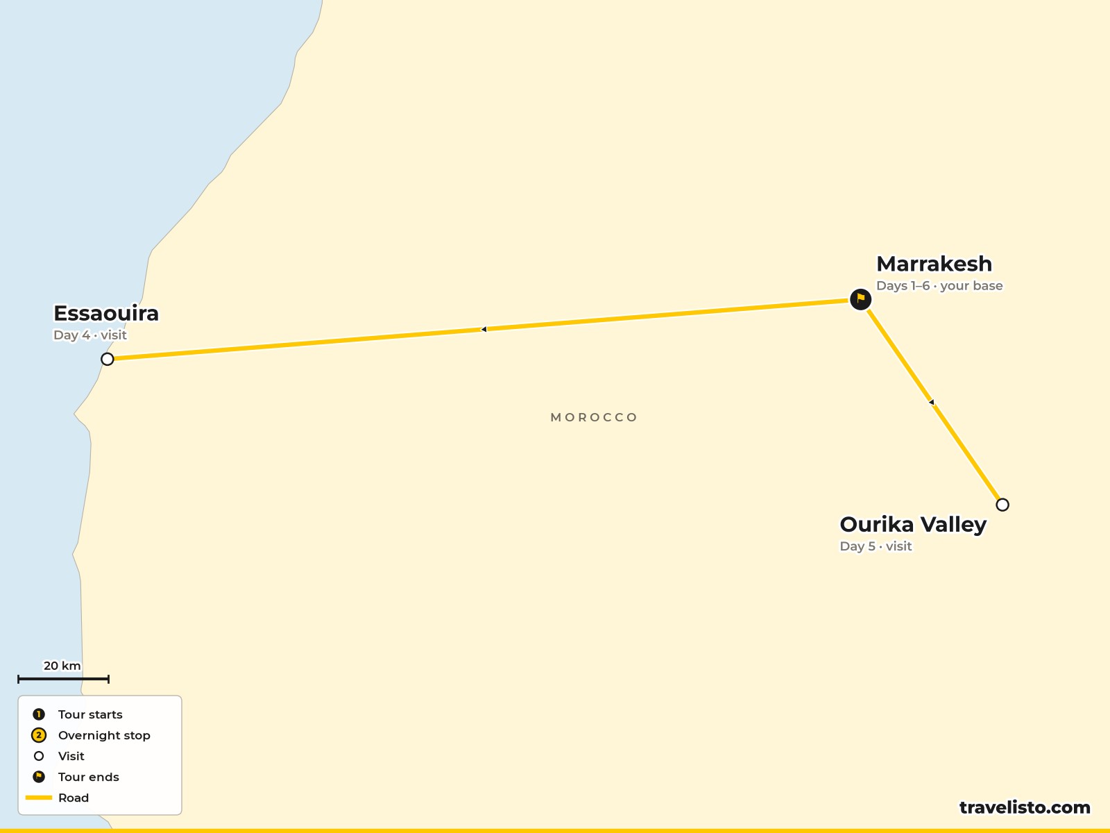 Map of the 6-day short break based in Marrakesh with excursions to Essaouira and the High Atlas Mountains