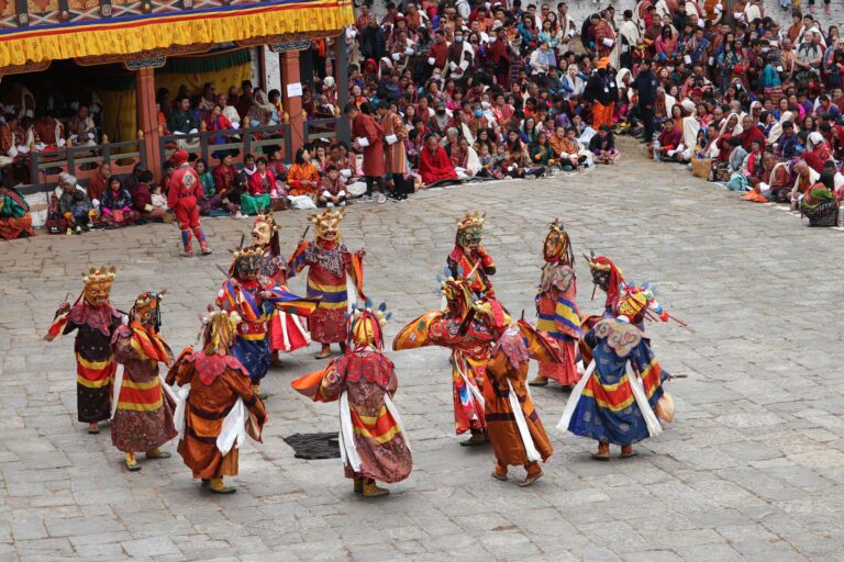 Masked dancers at a Bhutanese festival