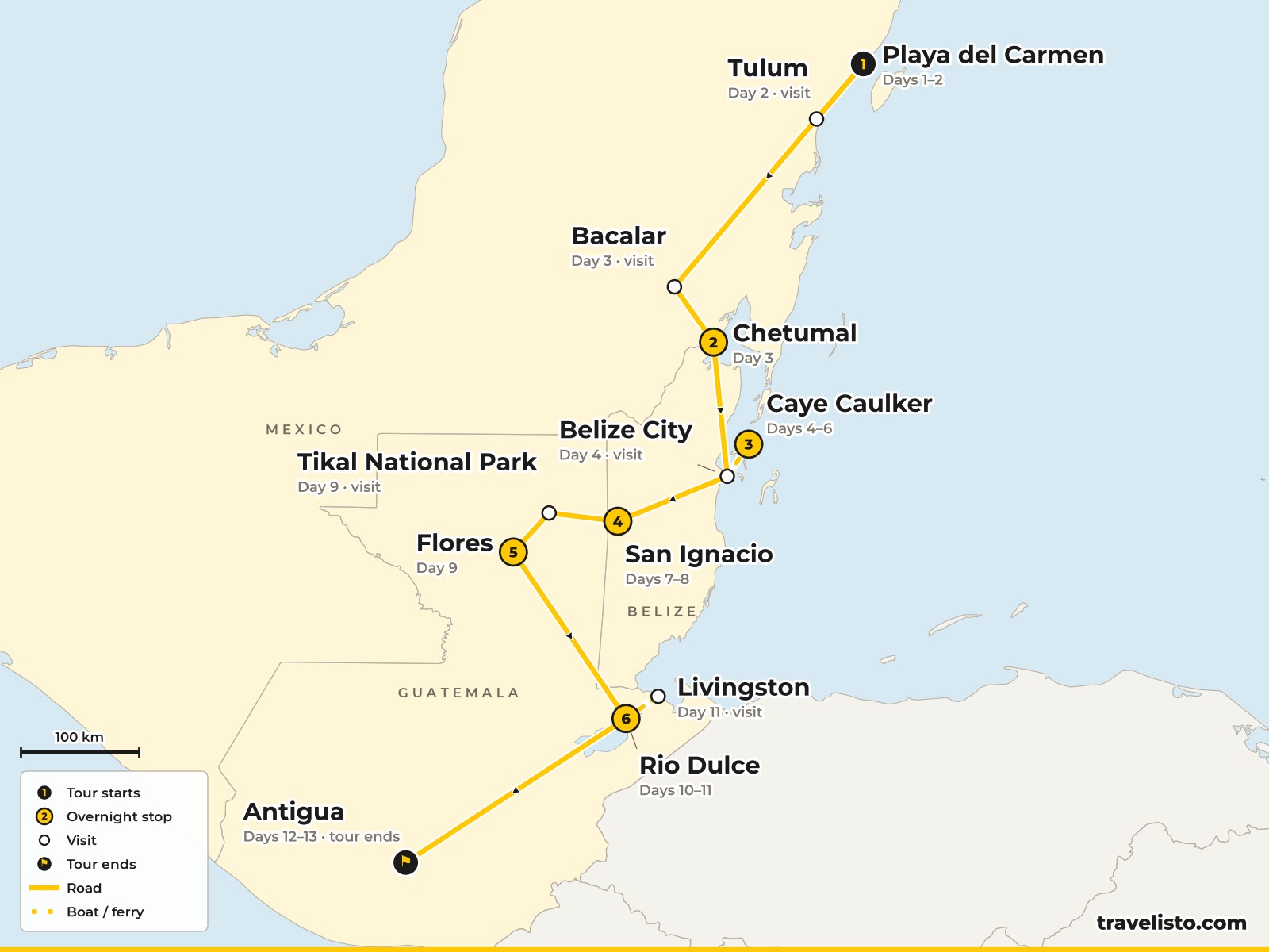 Map of the 13-day route from Playa del Carmen to Chetumal, Caye Caulker, San Ignacio, Tikal, Flores, the Río Dulce and Antigua