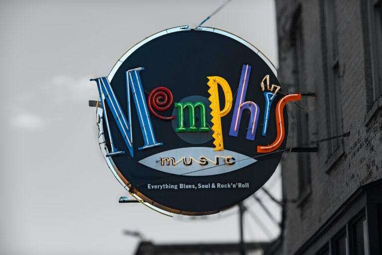 A neon music sign on Beale Street in Memphis
