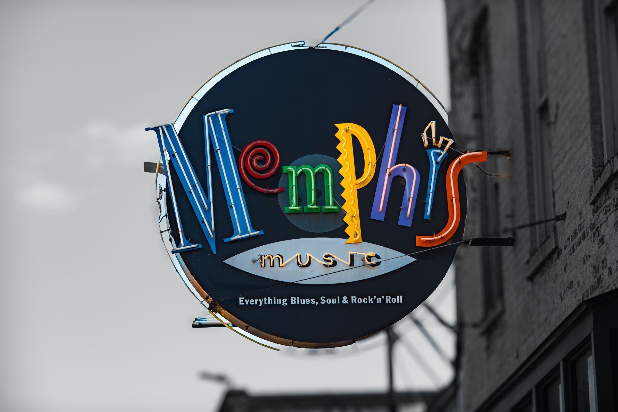 A neon music sign on Beale Street in Memphis