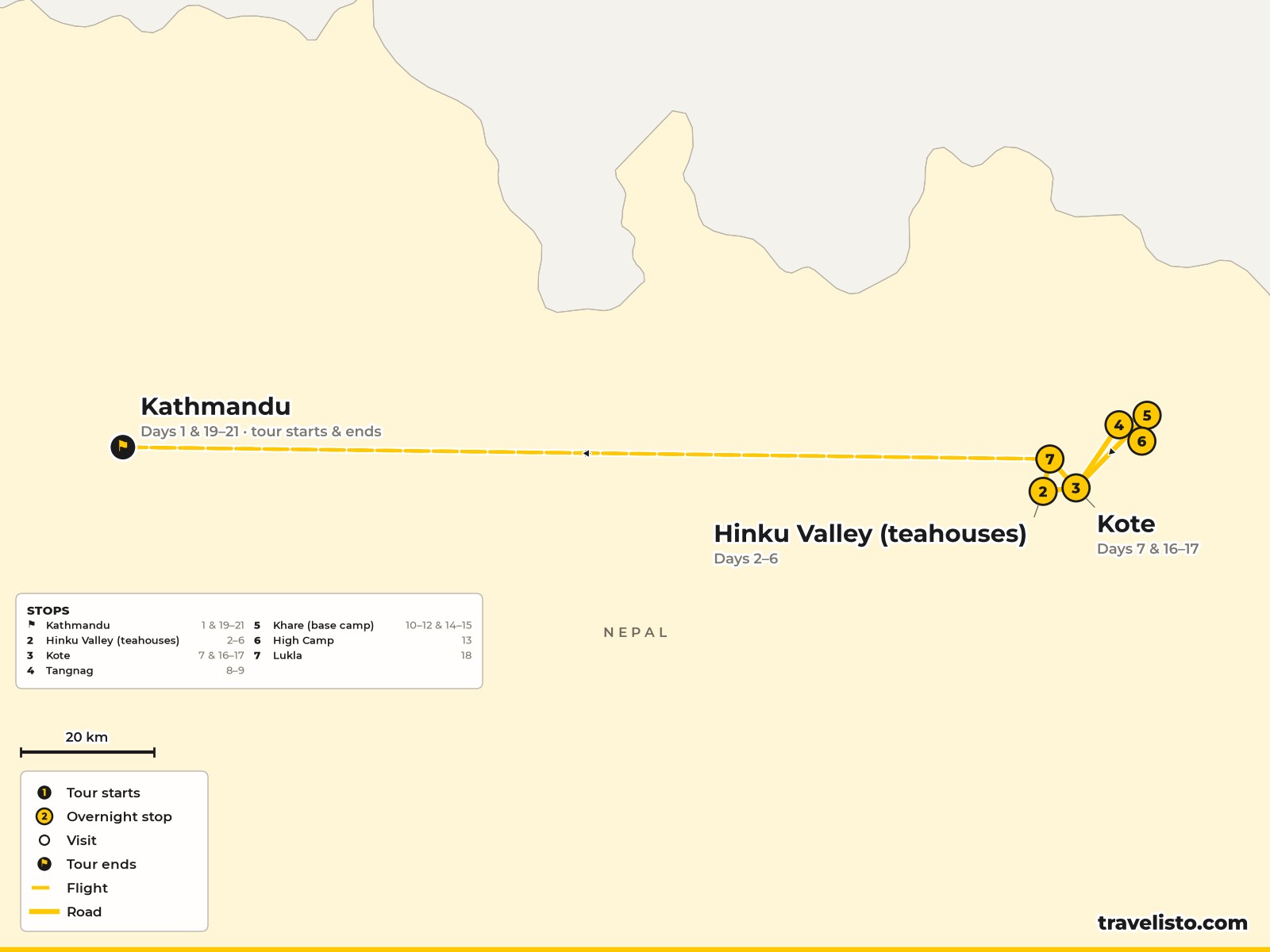Map of the 21-day Mera Peak route from Kathmandu via Lukla and the Hinku Valley to Khare, High Camp and Mera Central
