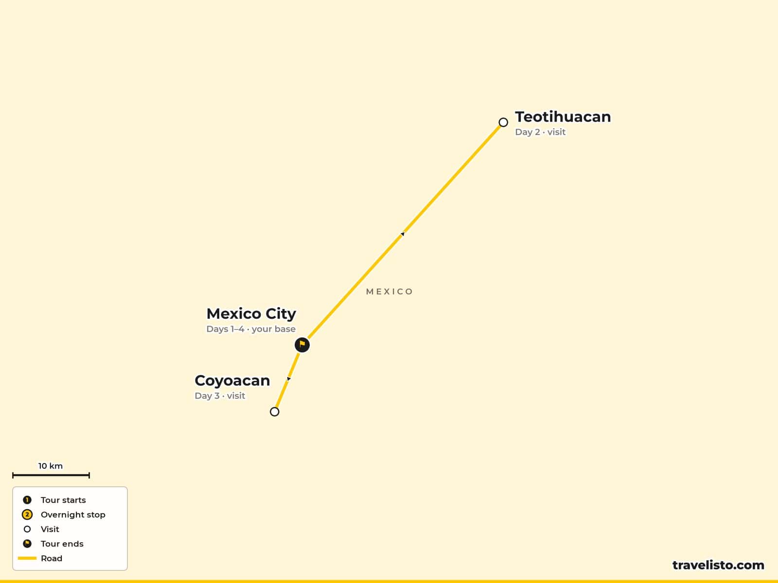 Map of the 4-day Mexico City short break with a day trip to Teotihuacan