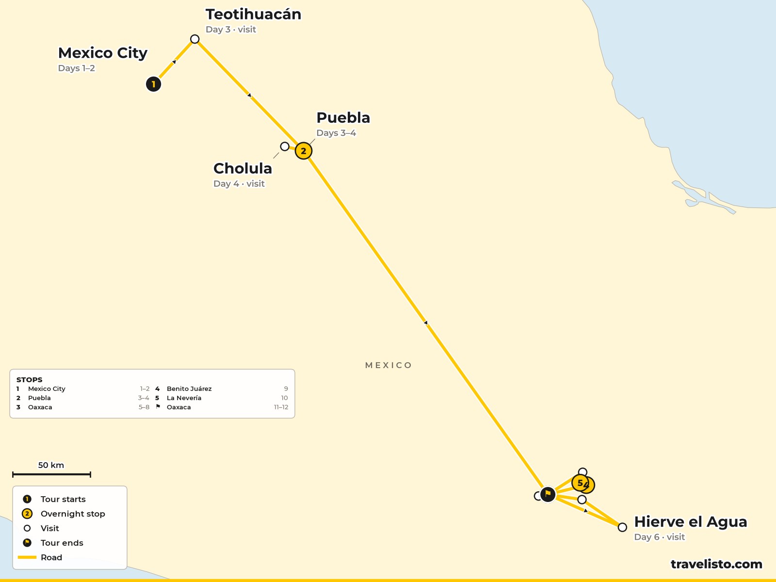 Map of the 12-day route from Mexico City to Puebla and Oaxaca, then the Sierra Norte villages of Benito Juárez, La Nevería and Latuvi