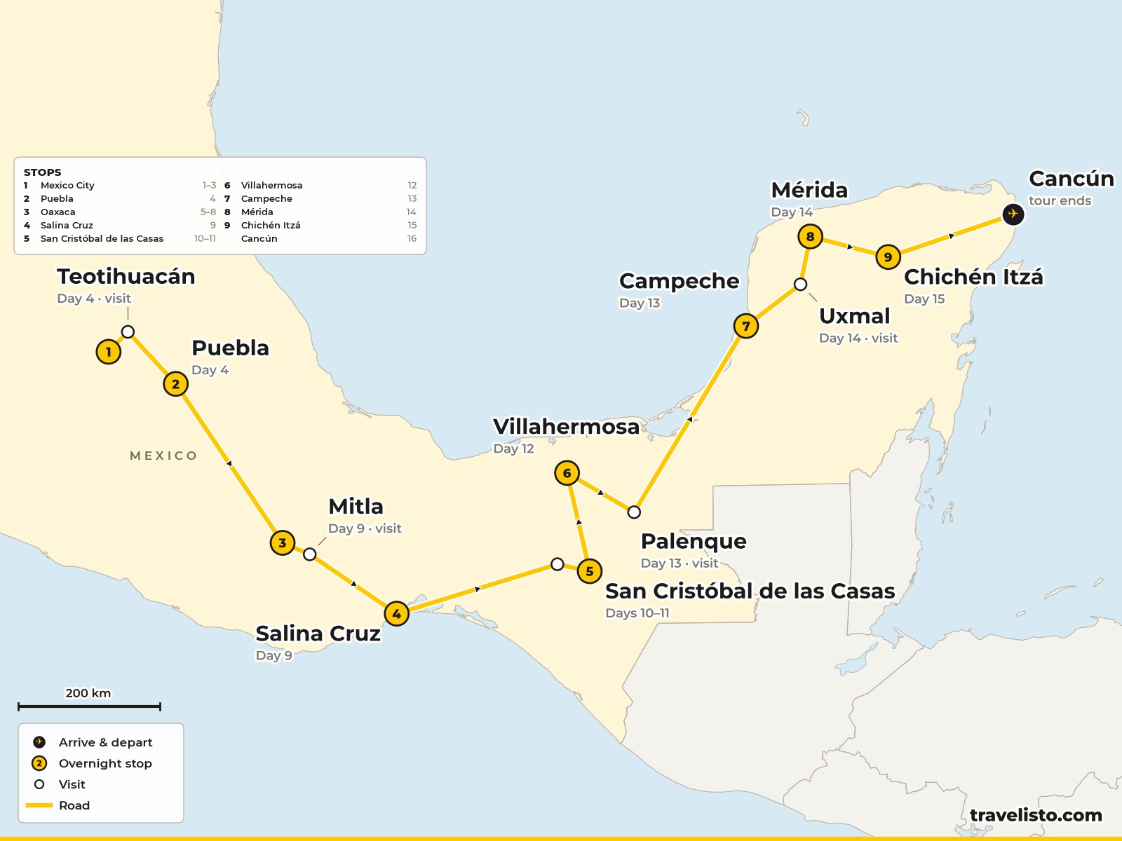 Map of the 16-day route from Mexico City to Puebla, Oaxaca, San Cristóbal, Palenque, Mérida, Chichén Itzá and Cancún