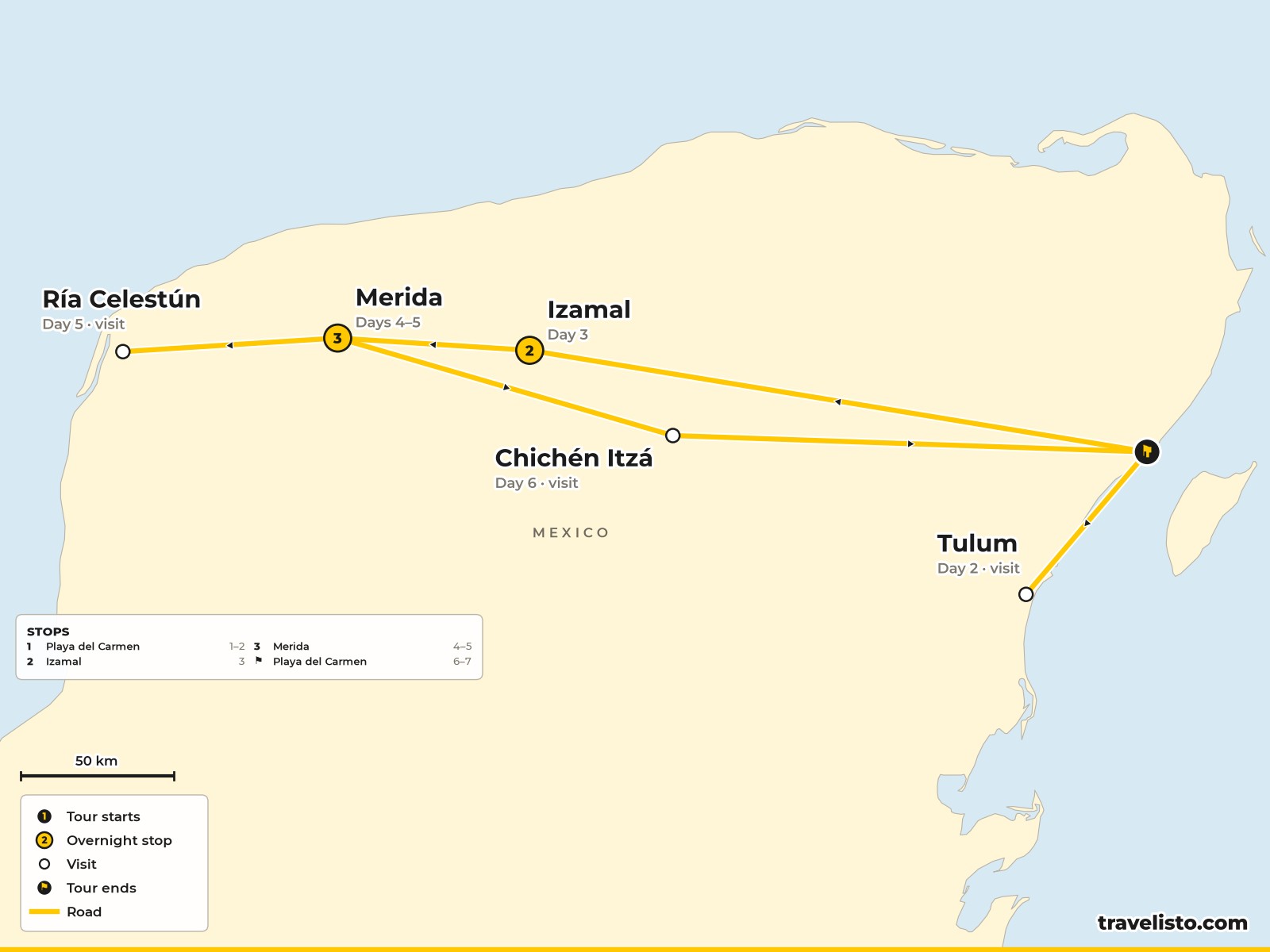 Map of the 7-day family route from Playa del Carmen to Tulum, Izamal and Mérida