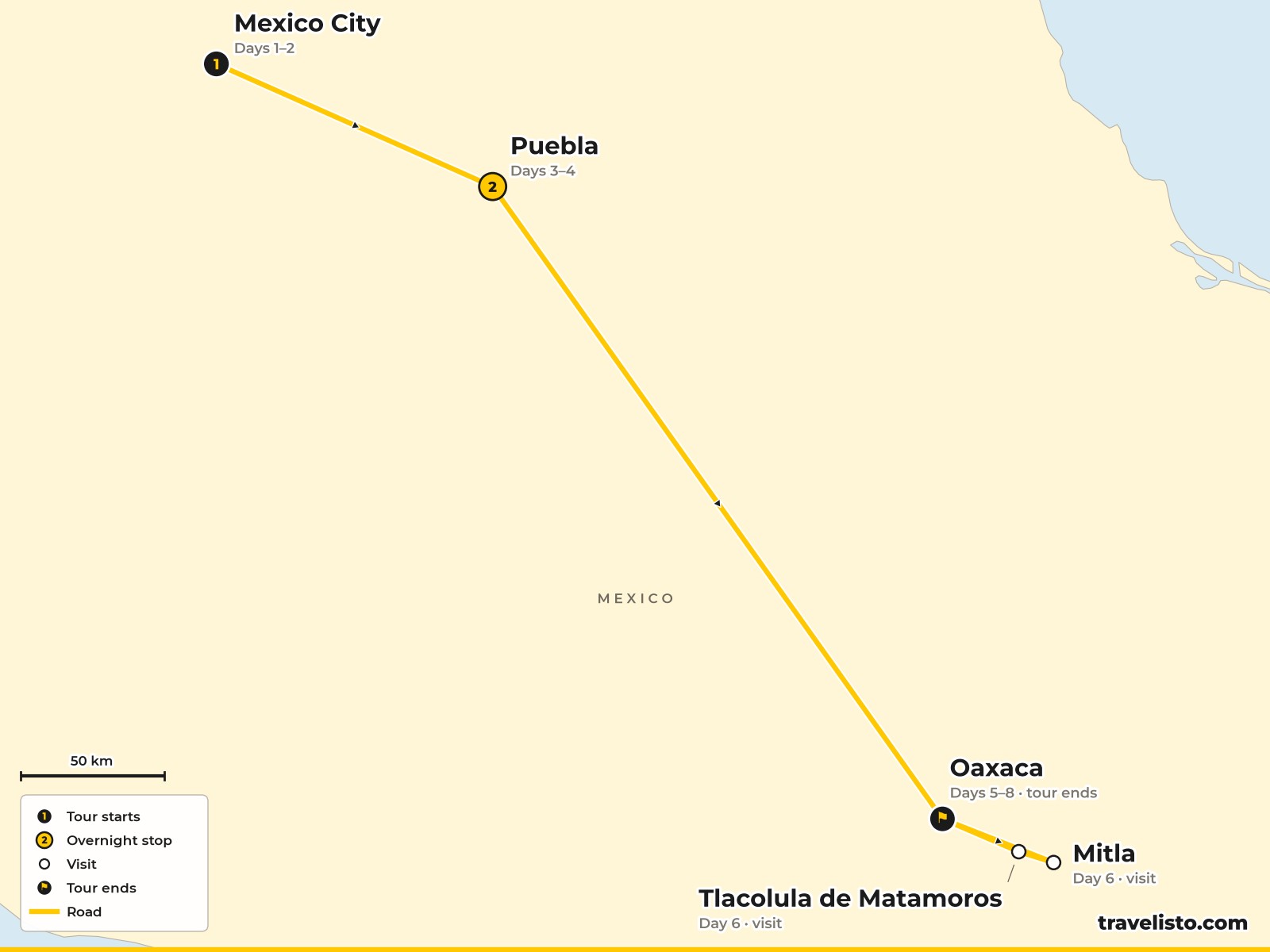 Map of the 8-day route from Mexico City to Puebla and Oaxaca