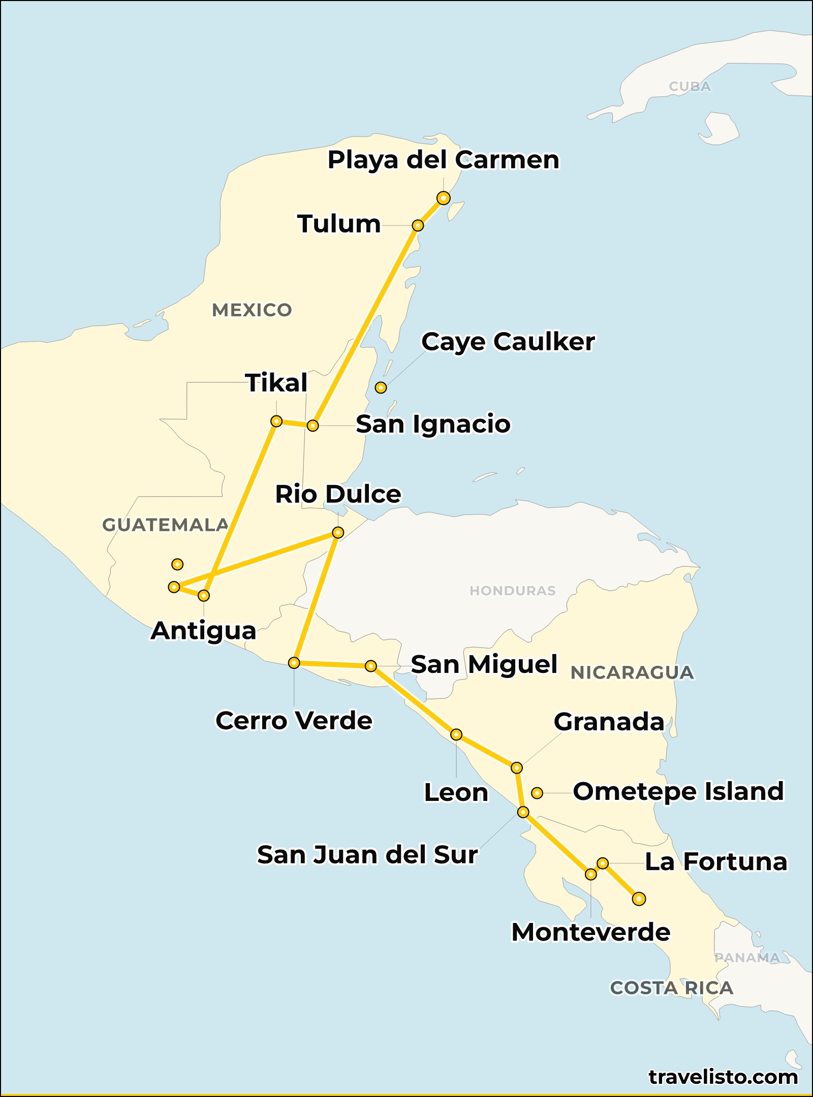 Route map of the Mexico to Costa Rica 32-day Central America overland tour, showing the path from Playa del Carmen through Belize, Guatemala, El Salvador, Nicaragua and on to San José, Costa Rica.