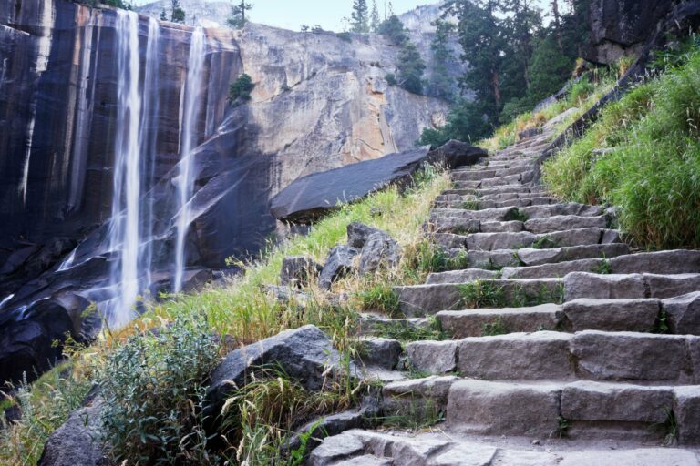 The stone steps of the Mist Trail beside Vernal Fall